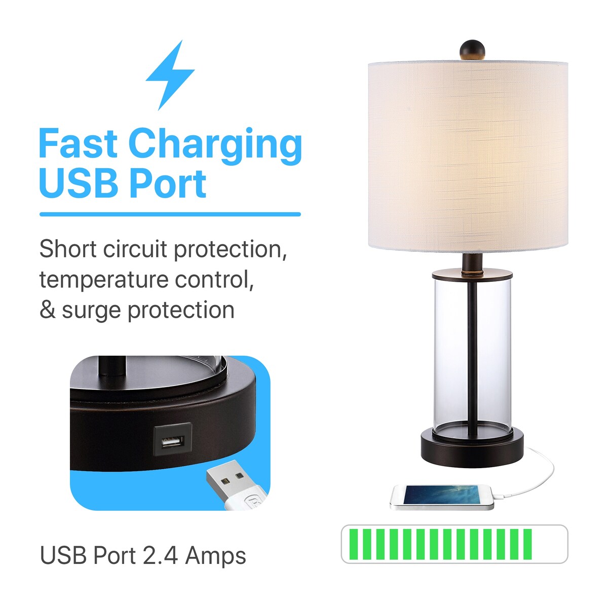 Cabell 21 Moderne LED-Tischleuchte aus Glas mit USB-Ladefunktion, geöltes Bronze-Finish (2er-Set) von JONATHAN Y