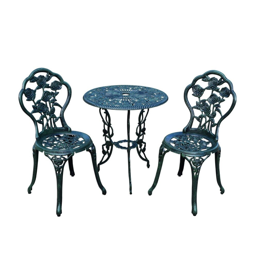 Camellia Bistro-Set, 3-teilig, aus Aluminiumguss, Verdi Green, bestehend aus Tisch und 2 Stühlen