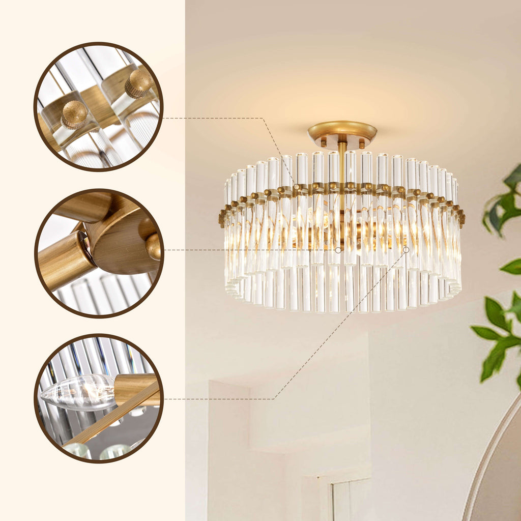 Casandra 4-flammige Deckenleuchte aus gebürstetem Messing mit Kristallglas