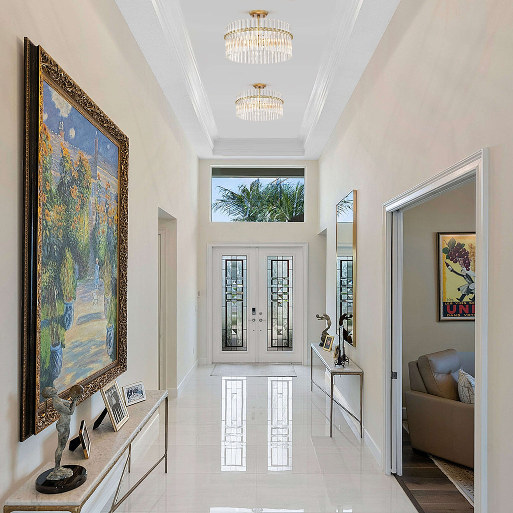 Casandra 4-flammige Deckenleuchte aus gebürstetem Messing mit Kristallglas