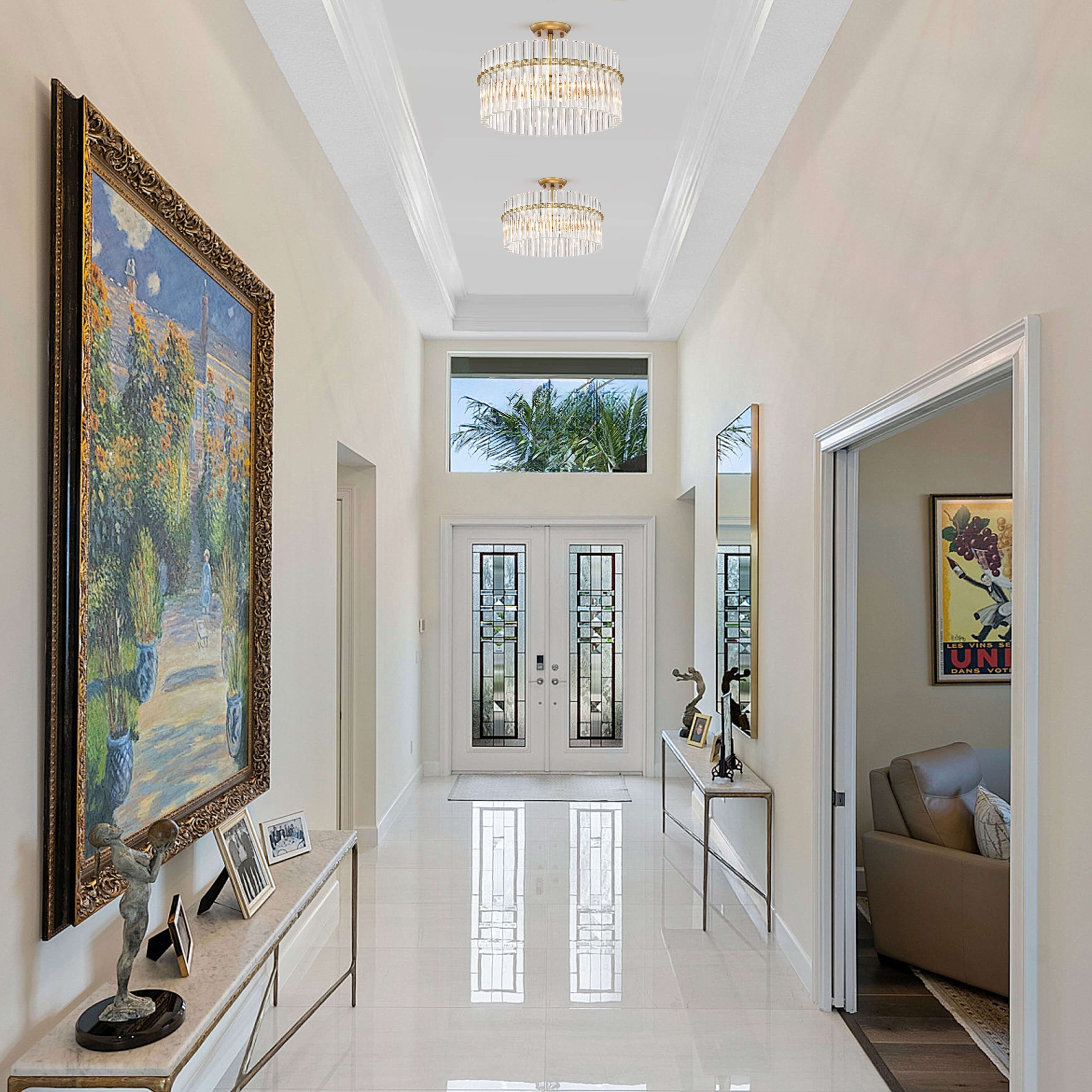 Casandra 4-flammige Deckenleuchte aus gebürstetem Messing mit Kristallglas