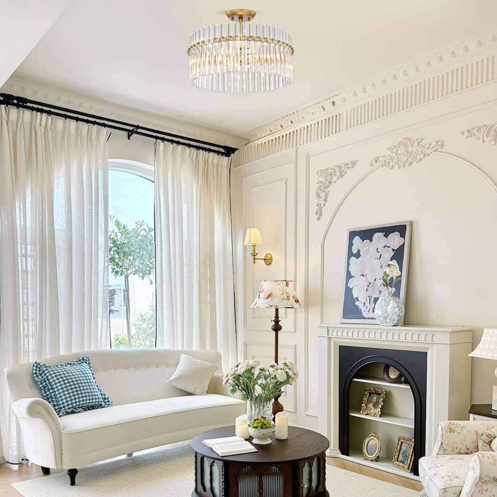 Casandra 4-flammige Deckenleuchte aus gebürstetem Messing mit Kristallglas