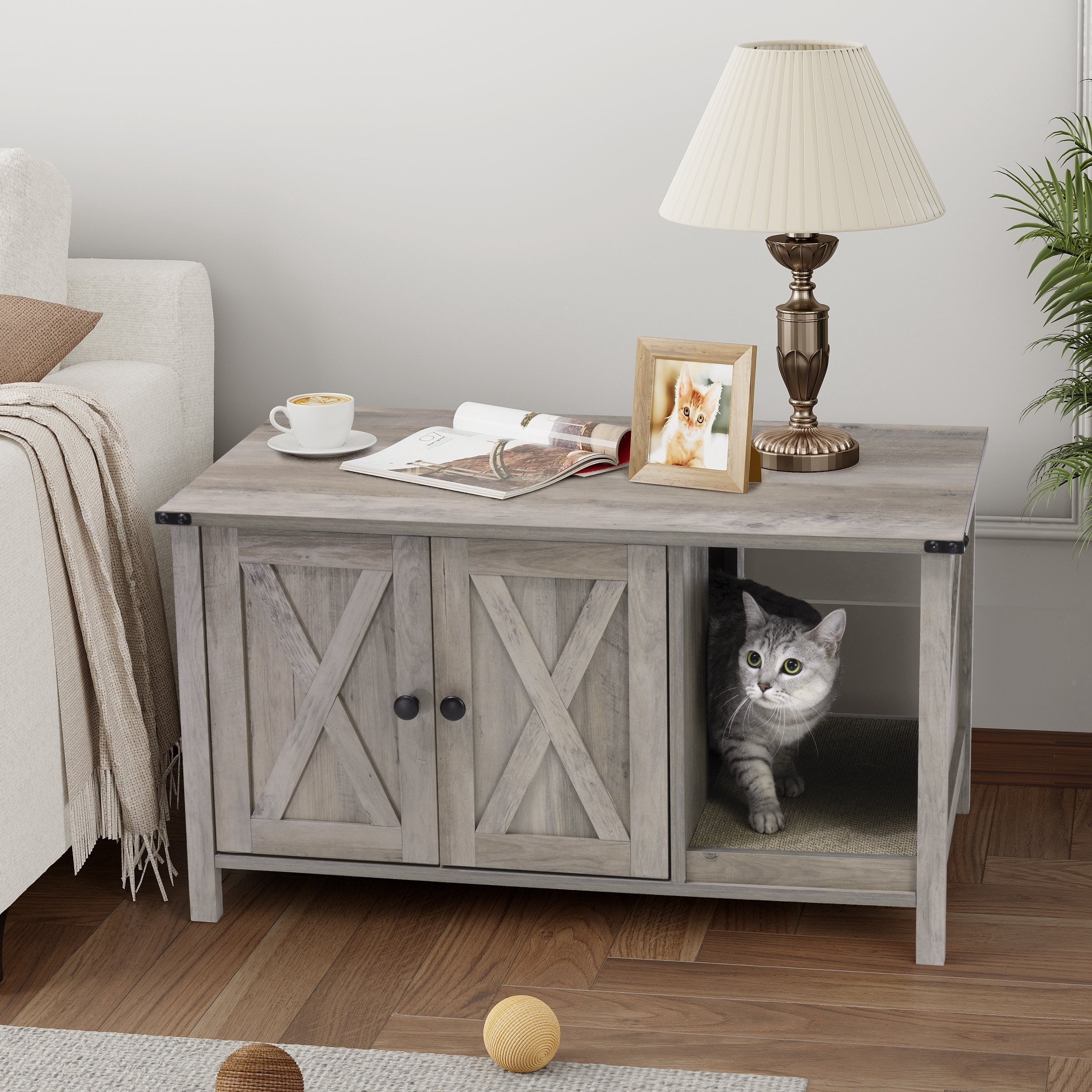 Katzenklo-Umrandung, versteckte Katzentoilettenmöbel aus Holz mit Kratzbaum