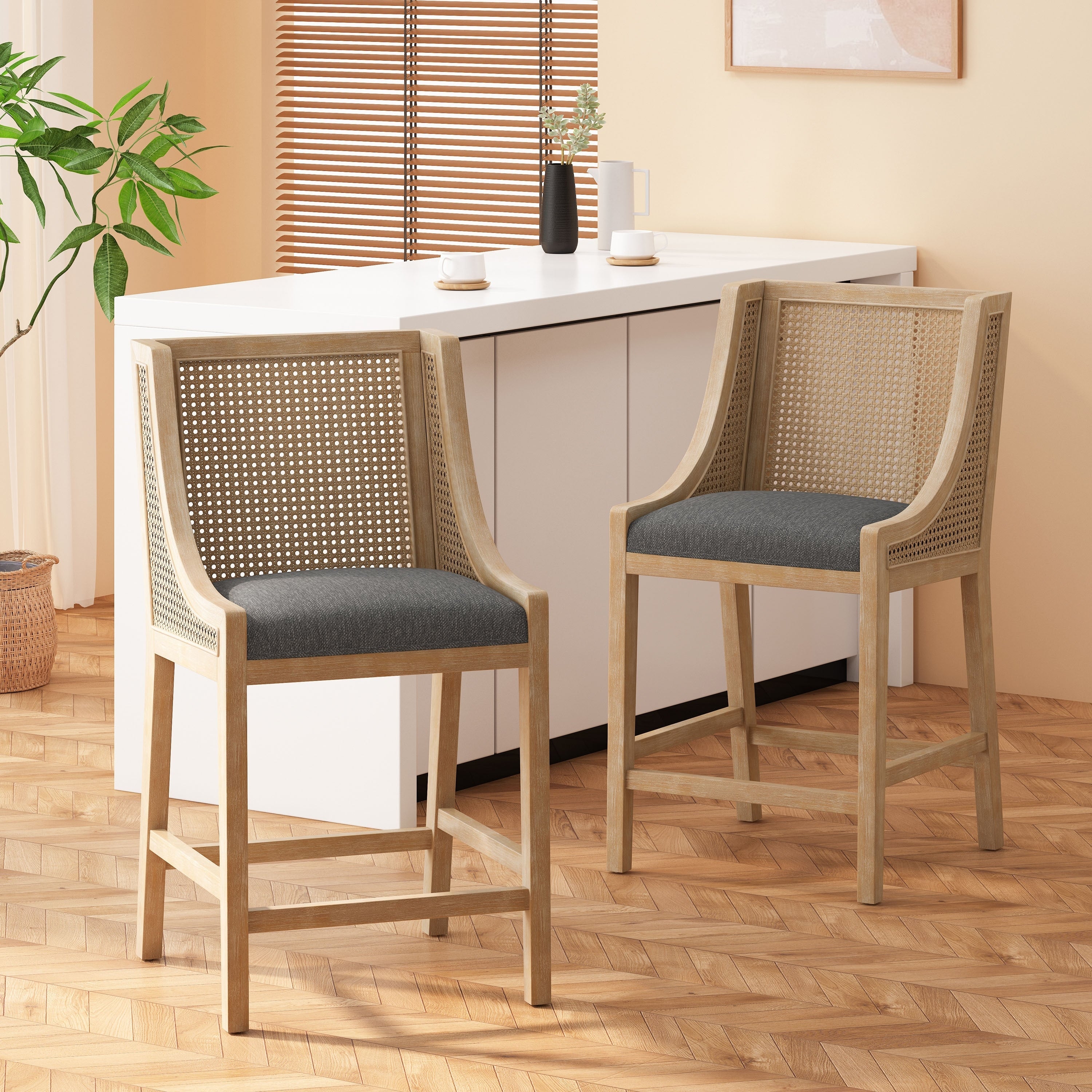 Christopher Knight Home Cataldo Barhocker mit Stoffbezug, Holz- und Rattangestell, 65 cm hoch (2er-Set)