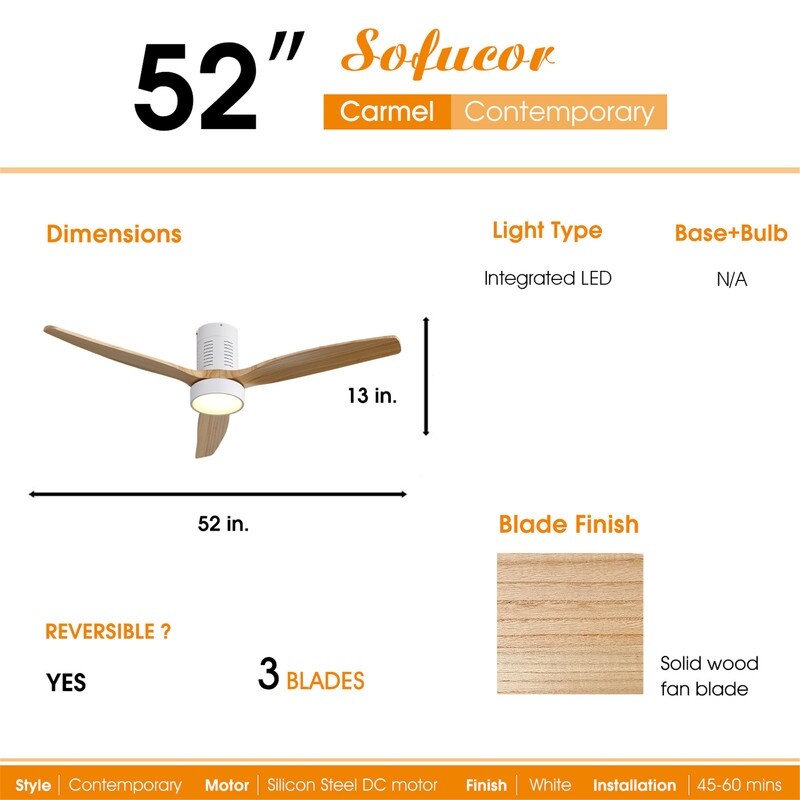 52-Zoll-Deckenventilator im Landhausstil mit Beleuchtung und Fernbedienung, reversibler Gleichstrommotor