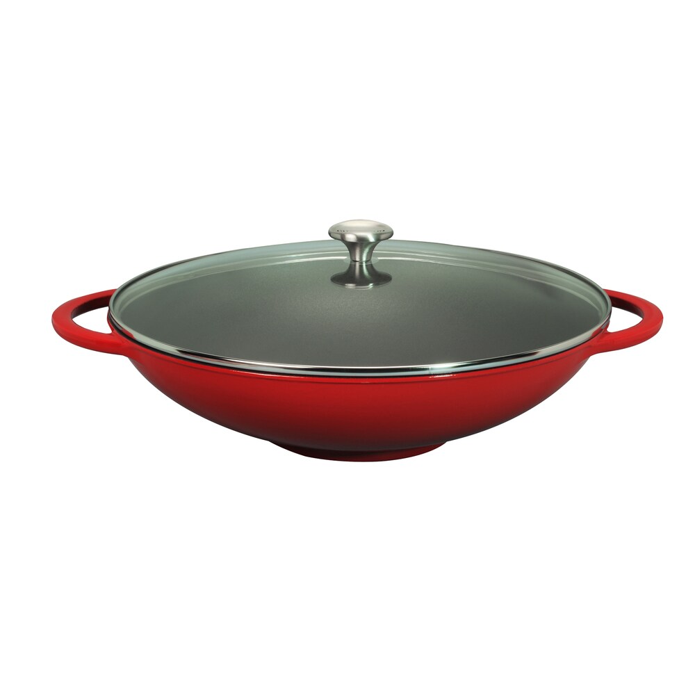 Chasseur 16-Zoll-Wok aus rotem, emailliertem Gusseisen mit Glasdeckel