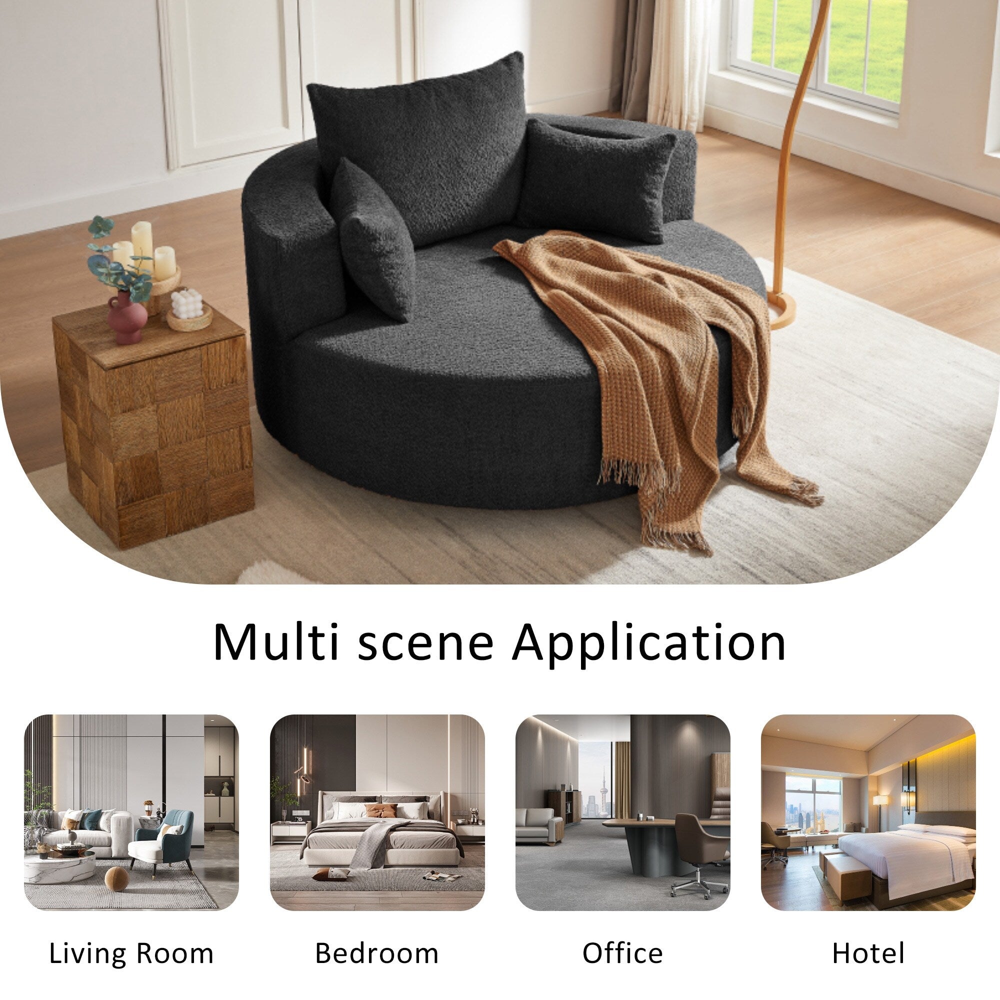 Chenille-Akzent-Fasssessel, runder Sofasessel mit 360-Grad-Drehfuß und 3 abnehmbaren Kissen