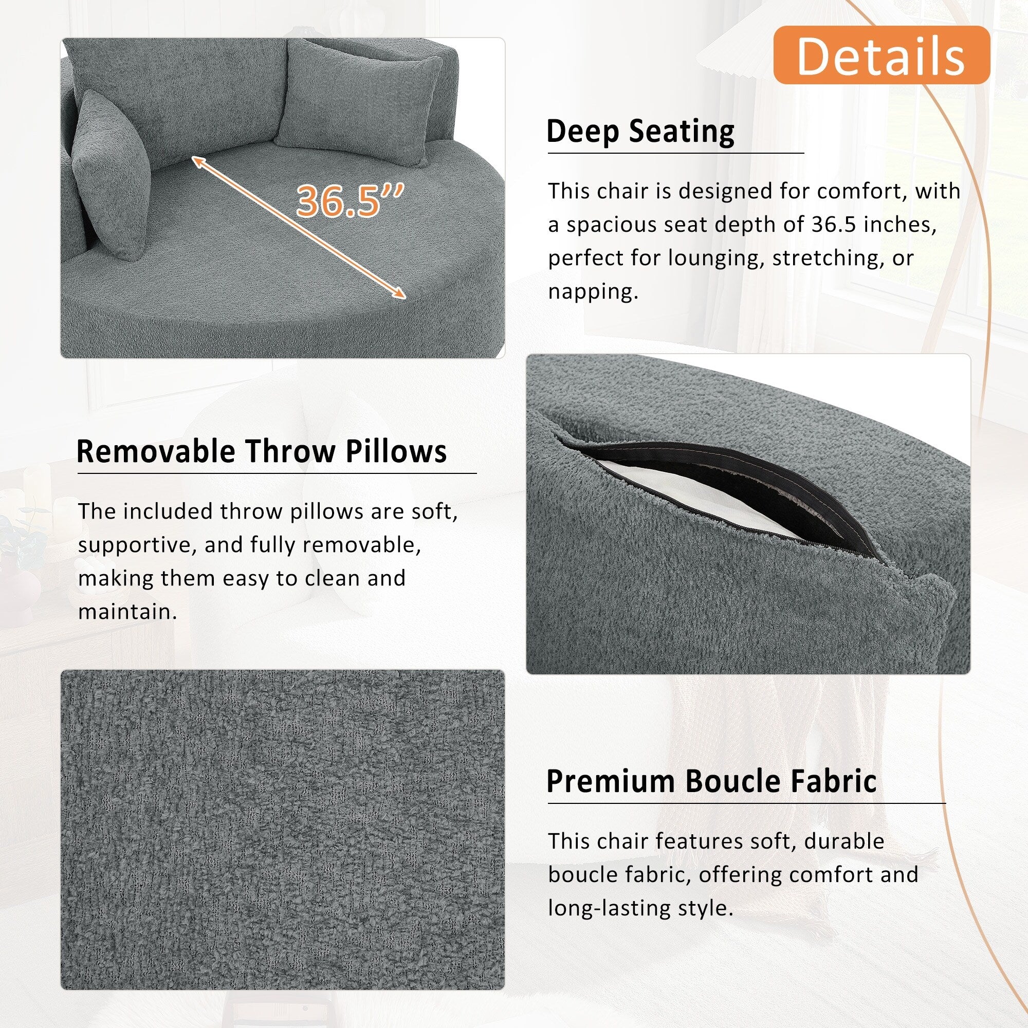 Chenille-Akzent-Fasssessel, runder Sofasessel mit 360-Grad-Drehfuß und 3 abnehmbaren Kissen