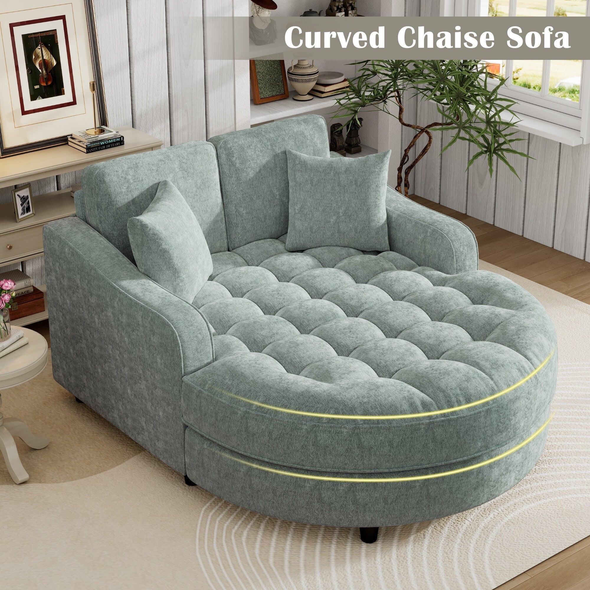 Schlafsofa aus Chenille, gepolstertes Sofa mit gesteppter Rückenlehne und 2 abnehmbaren Kissen für das Wohnzimmer