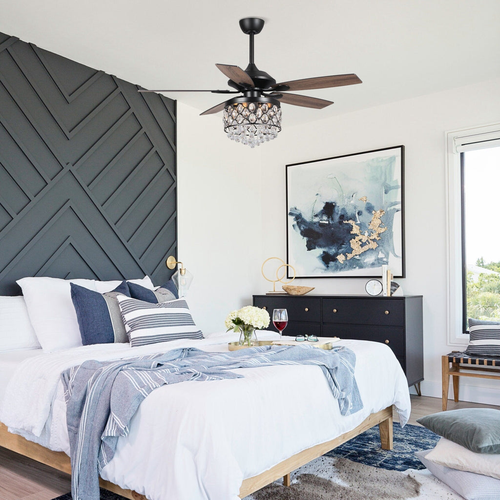 Kronleuchter/Deckenventilator mit 4 Leuchten (Chrom/Kristall) und Fernbedienung