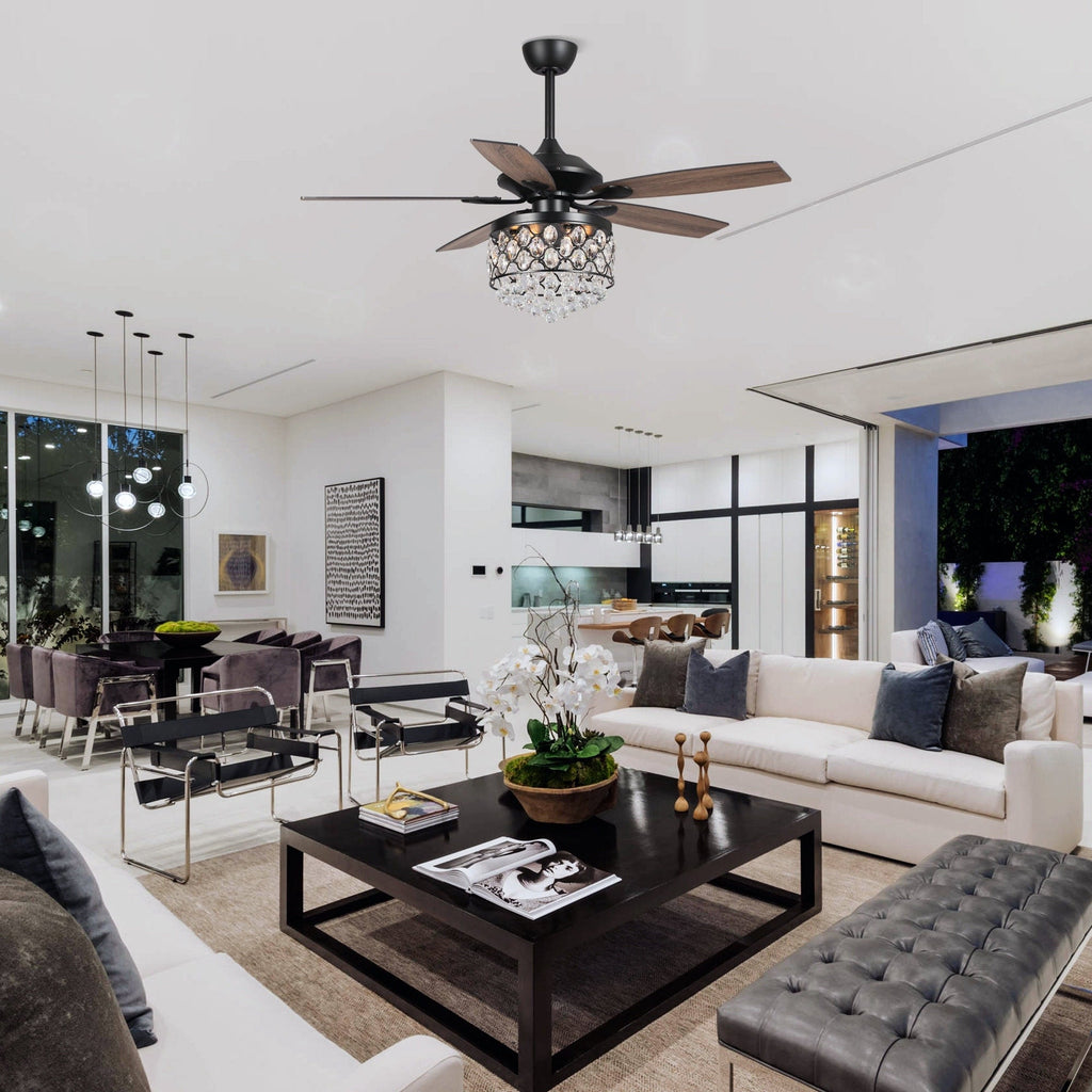 Kronleuchter/Deckenventilator mit 4 Leuchten (Chrom/Kristall) und Fernbedienung