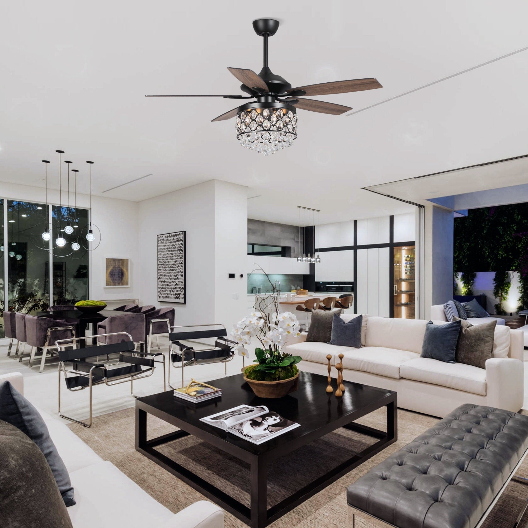 Kronleuchter/Deckenventilator mit 4 Leuchten (Chrom/Kristall) und Fernbedienung