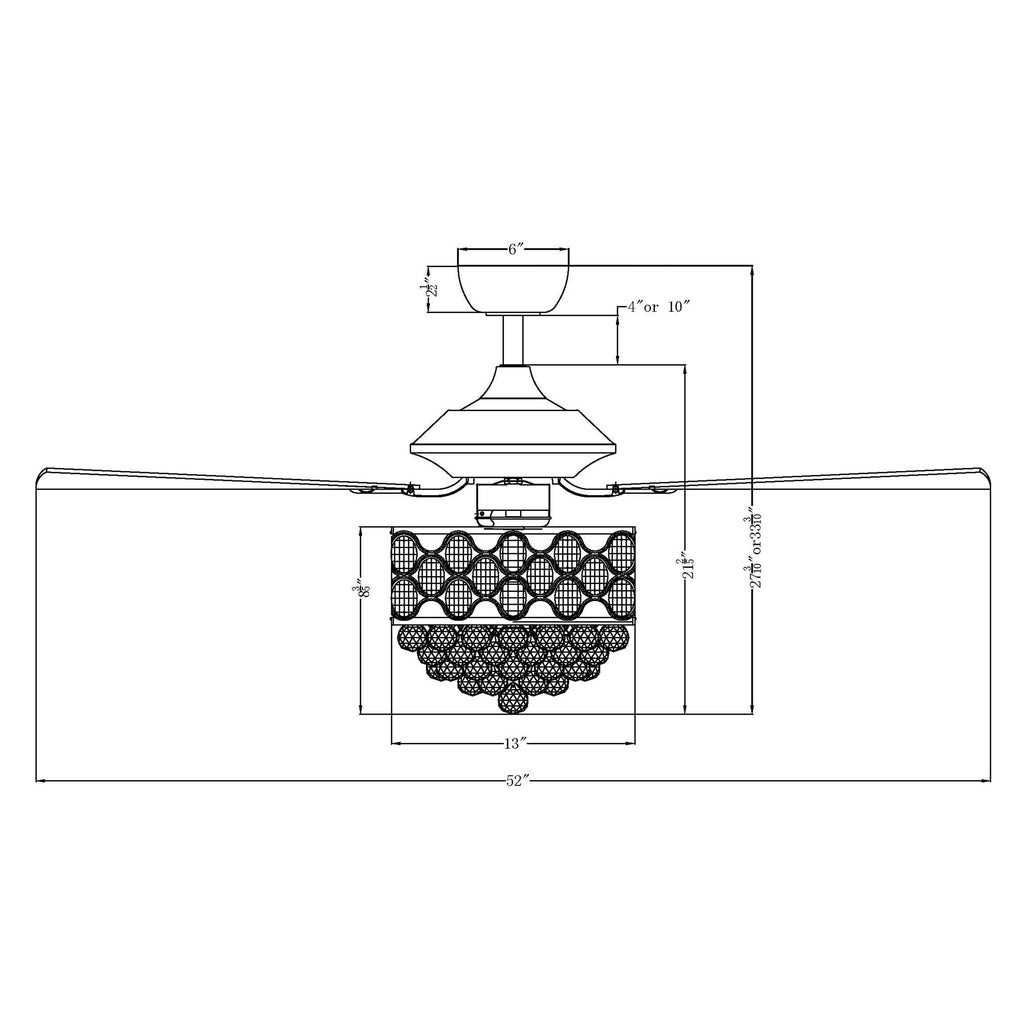Kronleuchter/Deckenventilator mit 4 Leuchten (Chrom/Kristall) und Fernbedienung