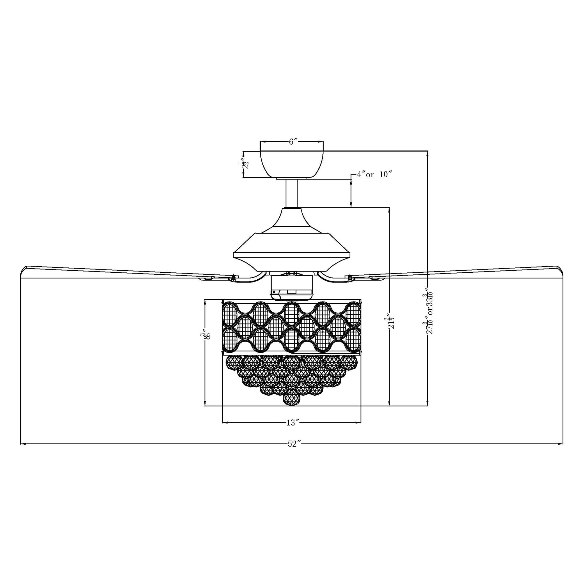 Kronleuchter/Deckenventilator mit 4 Leuchten (Chrom/Kristall) und Fernbedienung