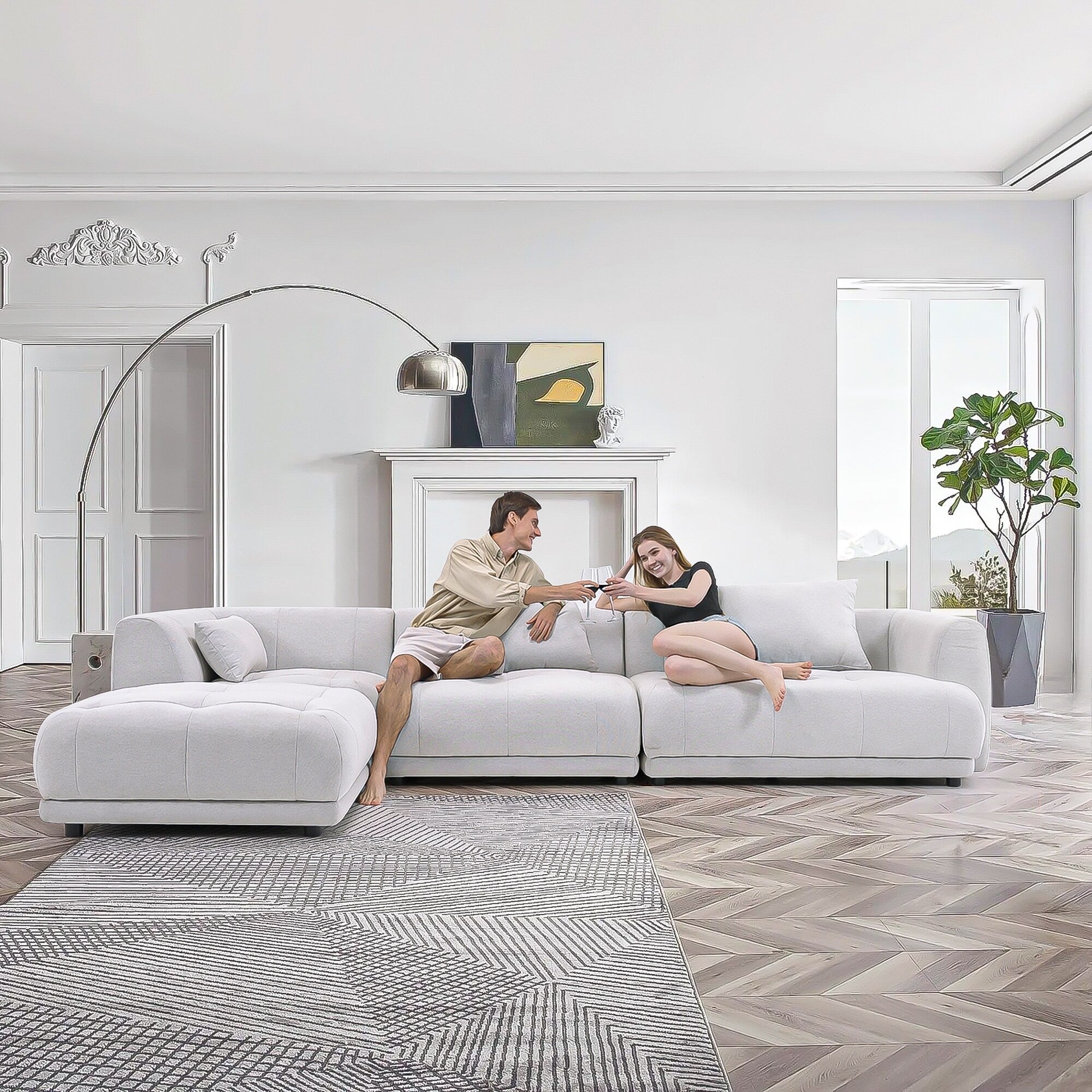Modulares Ecksofa Cloud 144 mit Hocker – Wohnzimmersofa aus weichem Chenille-Stoff