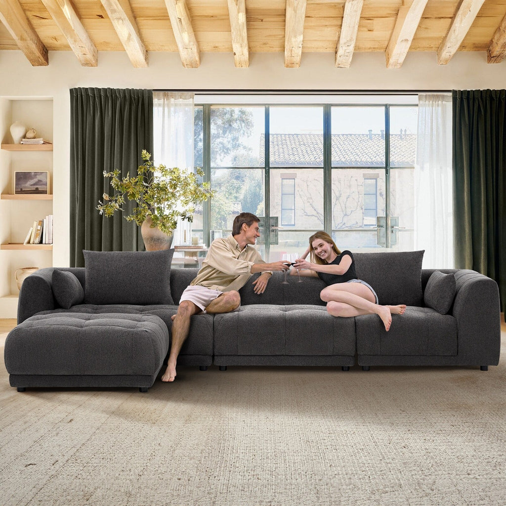 Modulares Ecksofa Cloud 144 mit Hocker – Wohnzimmersofa aus weichem Chenille-Stoff