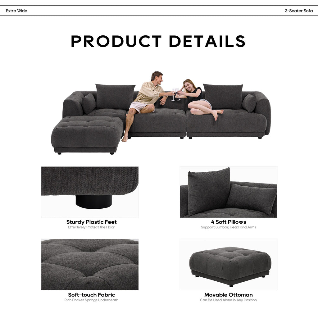 Modulares Ecksofa Cloud 144 mit Hocker – Wohnzimmersofa aus weichem Chenille-Stoff