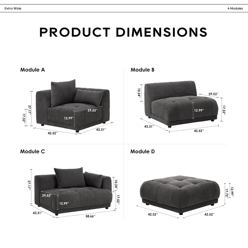 Modulares Ecksofa Cloud 144 mit Hocker – Wohnzimmersofa aus weichem Chenille-Stoff