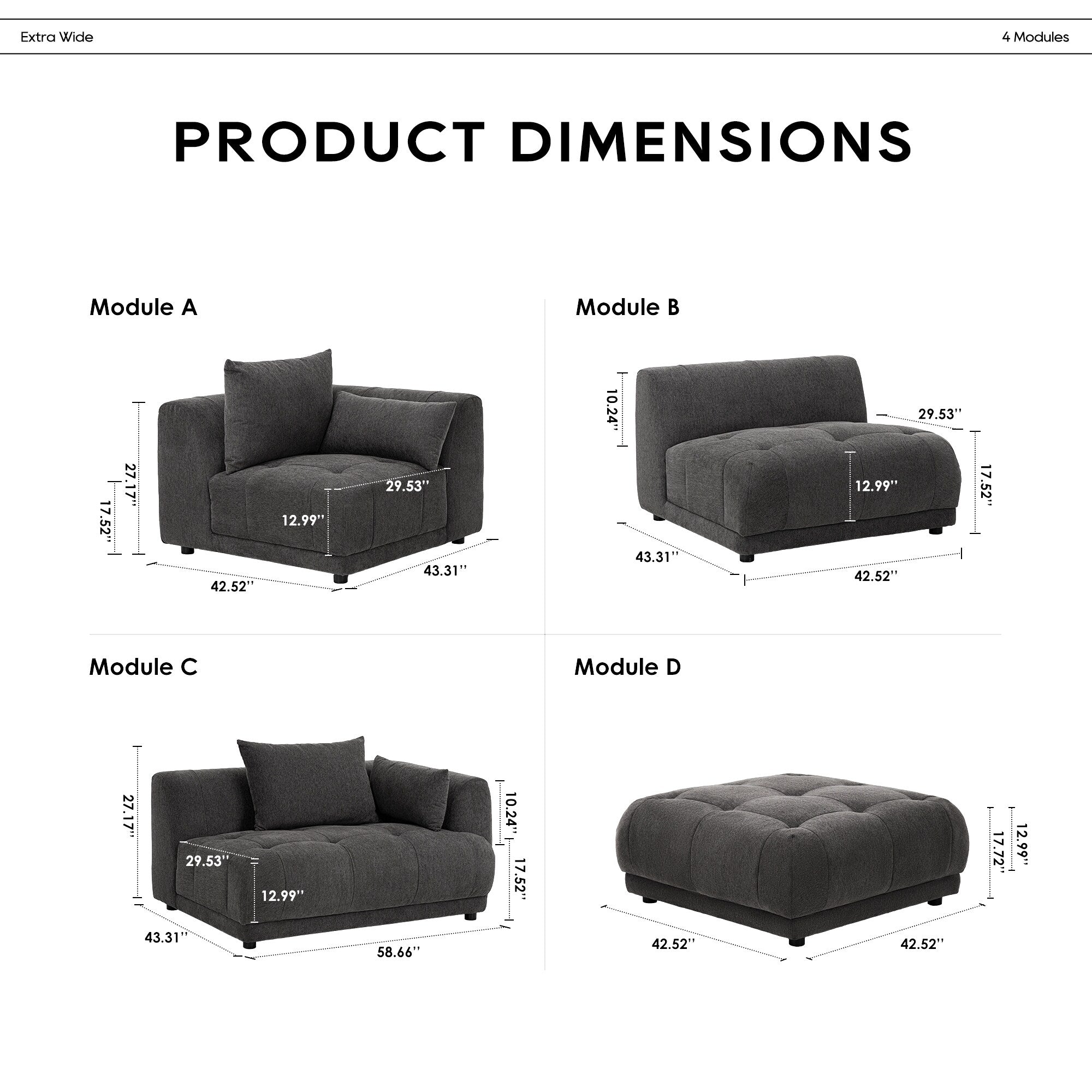 Modulares Ecksofa Cloud 144 mit Hocker – Wohnzimmersofa aus weichem Chenille-Stoff