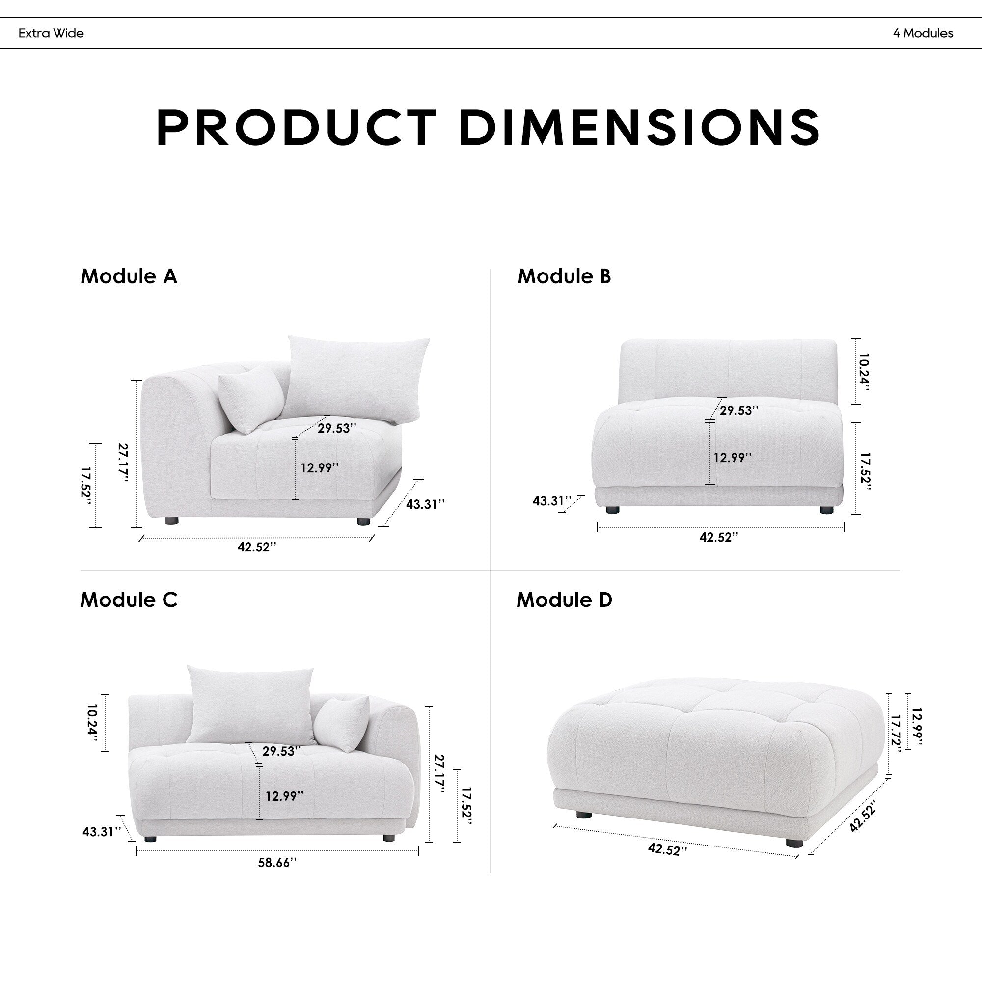 Modulares Ecksofa Cloud 144 mit Hocker – Wohnzimmersofa aus weichem Chenille-Stoff