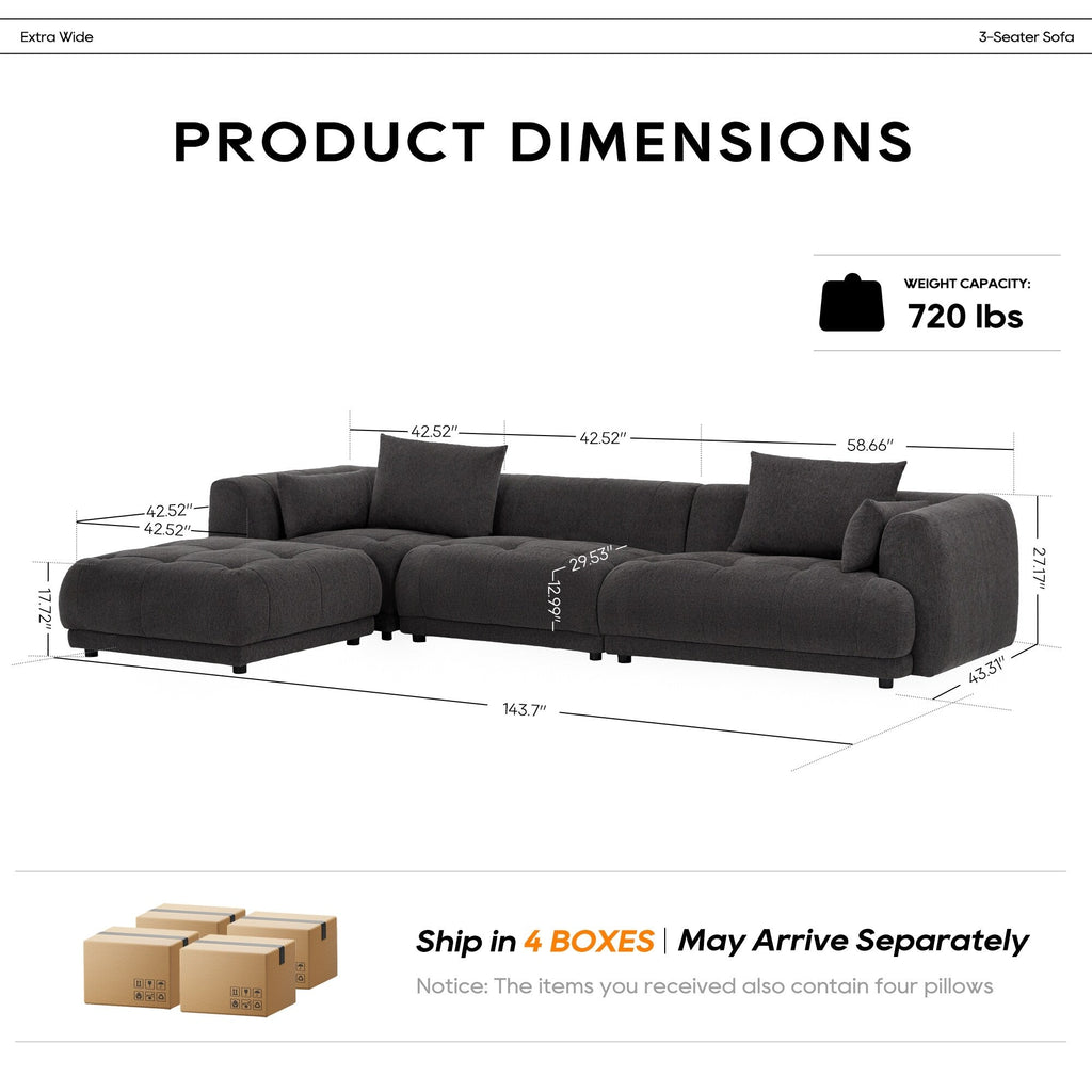 Modulares Ecksofa Cloud 144 mit Hocker – Wohnzimmersofa aus weichem Chenille-Stoff