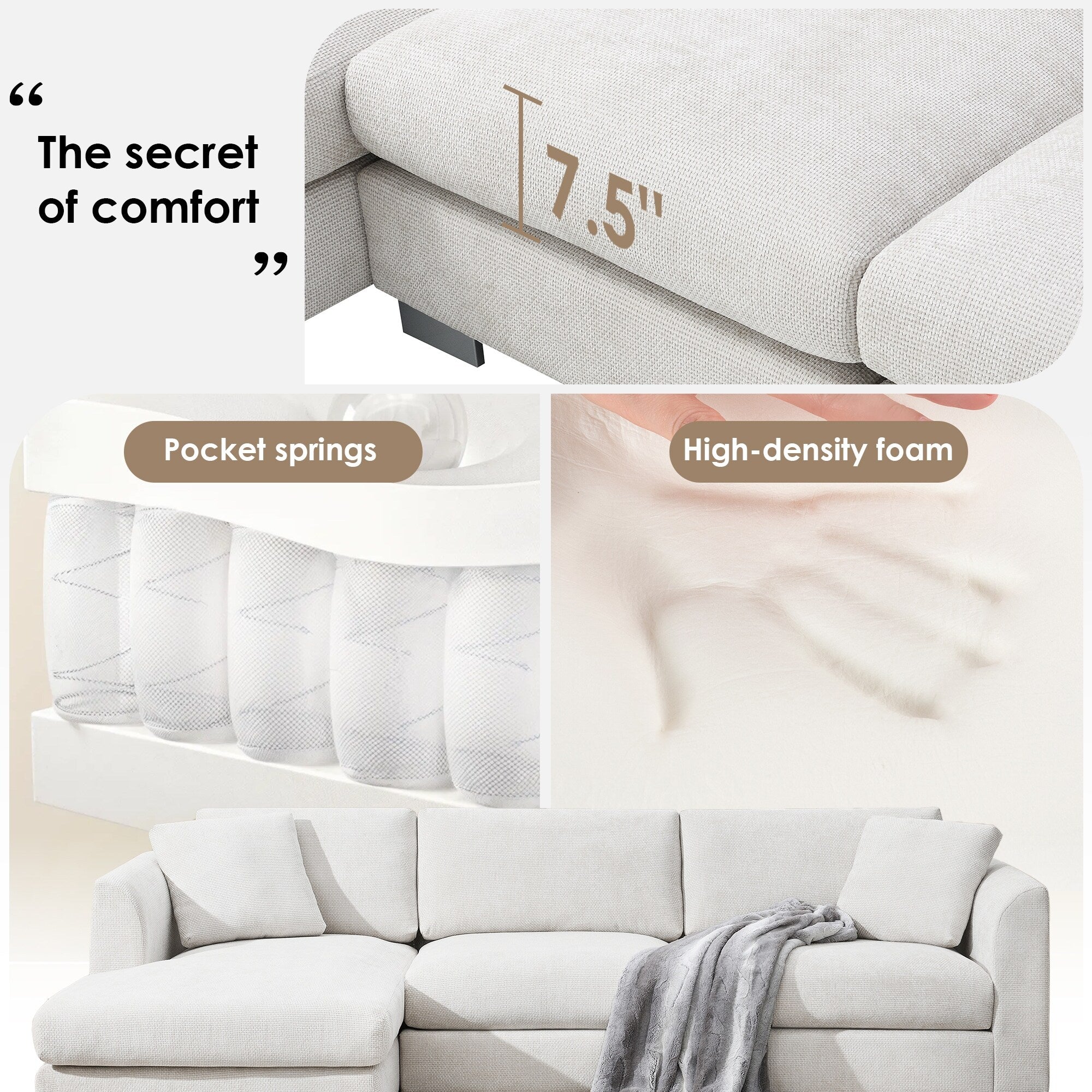 Cloud Ecksofa, L-förmige Luxus-Couchgarnitur mit 2 kostenlosen Kissen, 4-Sitzer Chenille-Innenmöbel mit übergroßer Chaiselongue
