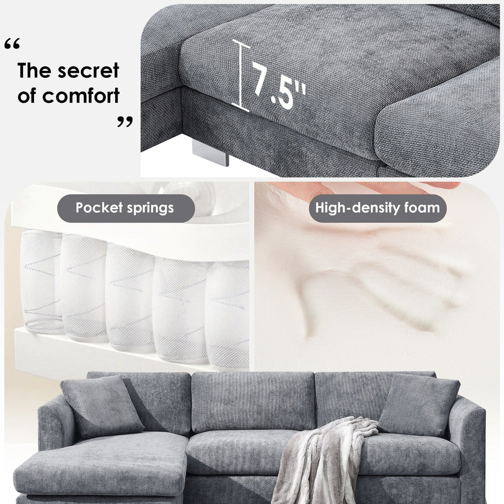 Cloud Ecksofa, L-förmige Luxus-Couchgarnitur mit 2 kostenlosen Kissen, 4-Sitzer Chenille-Innenmöbel mit übergroßer Chaiselongue