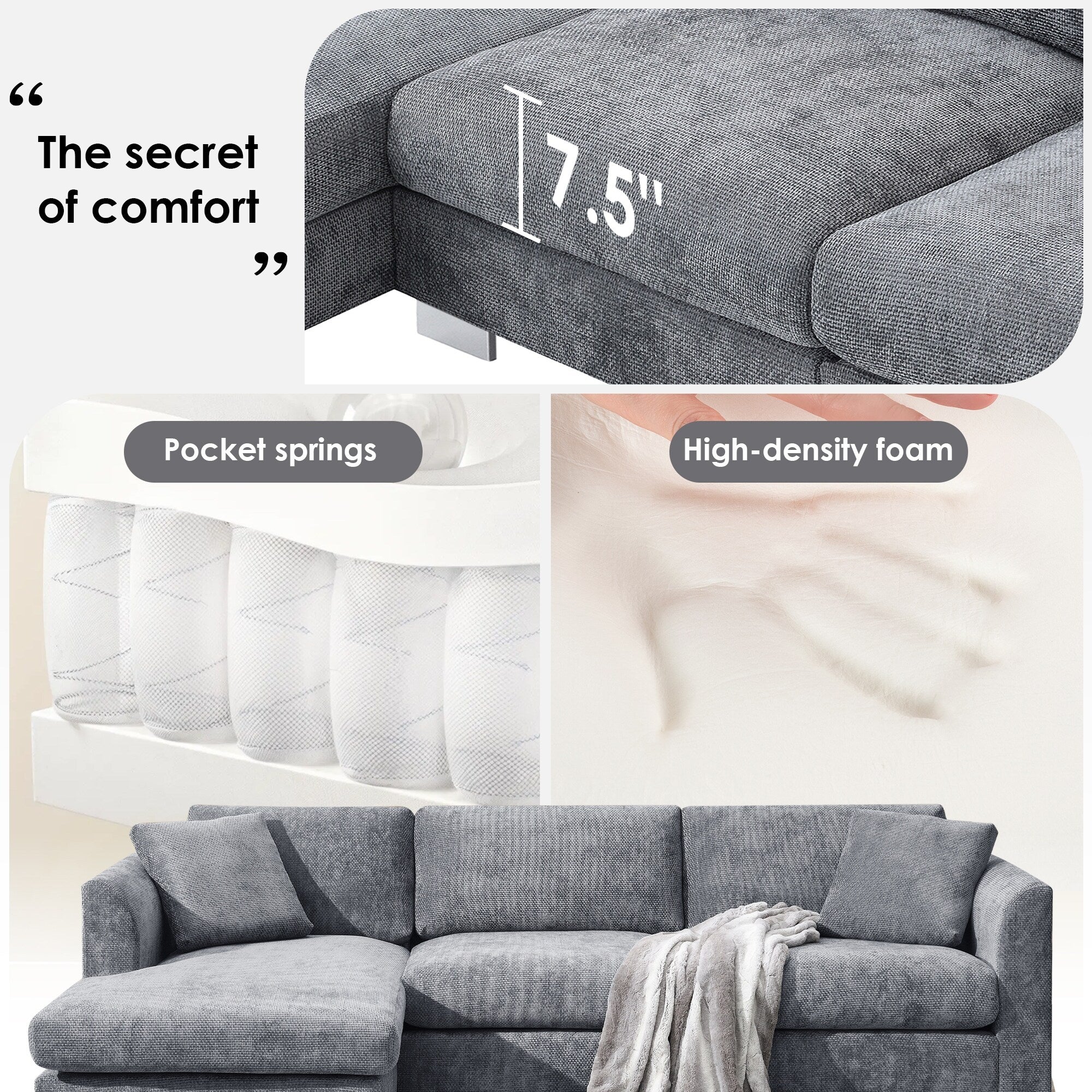 Cloud Ecksofa, L-förmige Luxus-Couchgarnitur mit 2 kostenlosen Kissen, 4-Sitzer Chenille-Innenmöbel mit übergroßer Chaiselongue