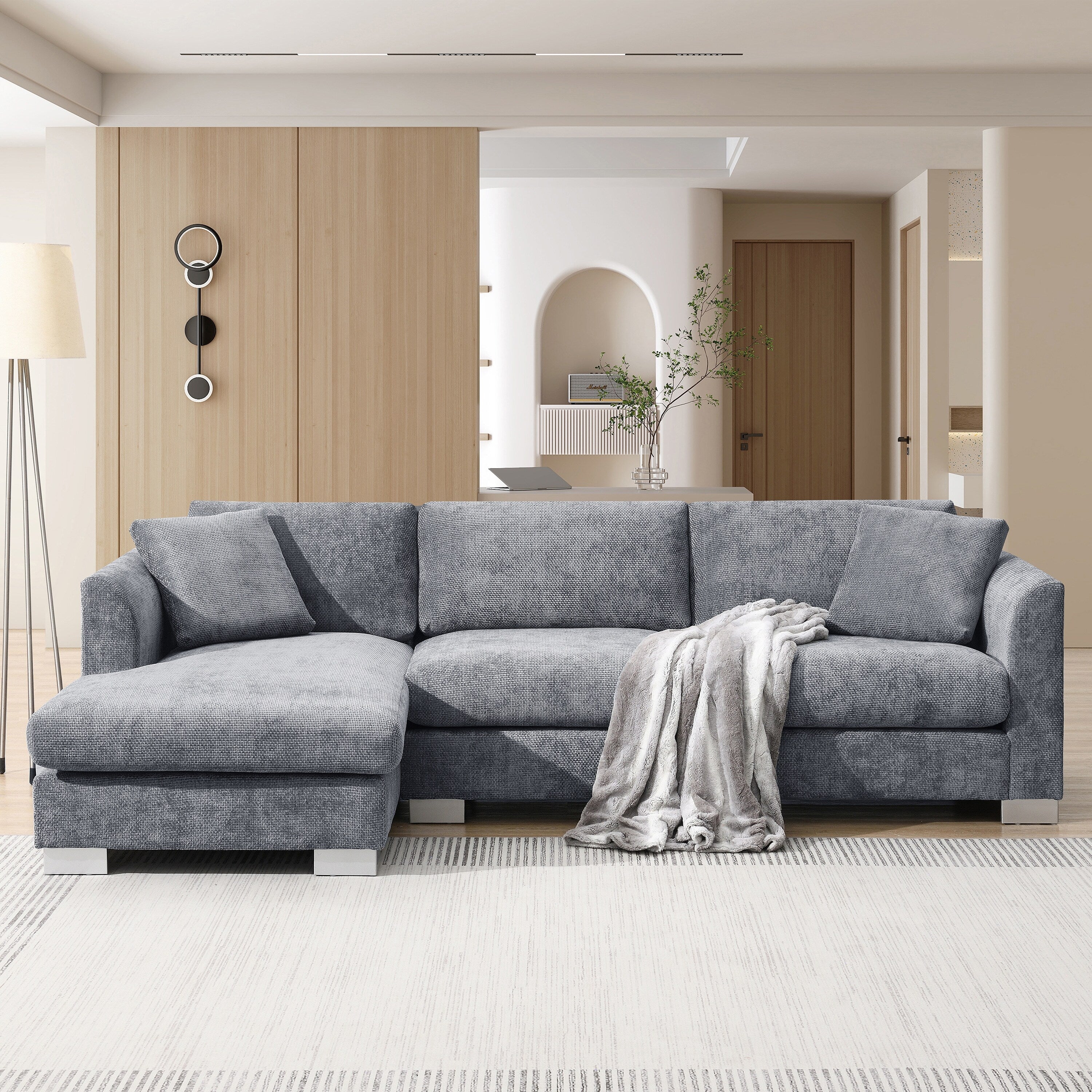 Cloud Ecksofa, L-förmige Luxus-Couchgarnitur mit 2 kostenlosen Kissen, 4-Sitzer Chenille-Innenmöbel mit übergroßer Chaiselongue