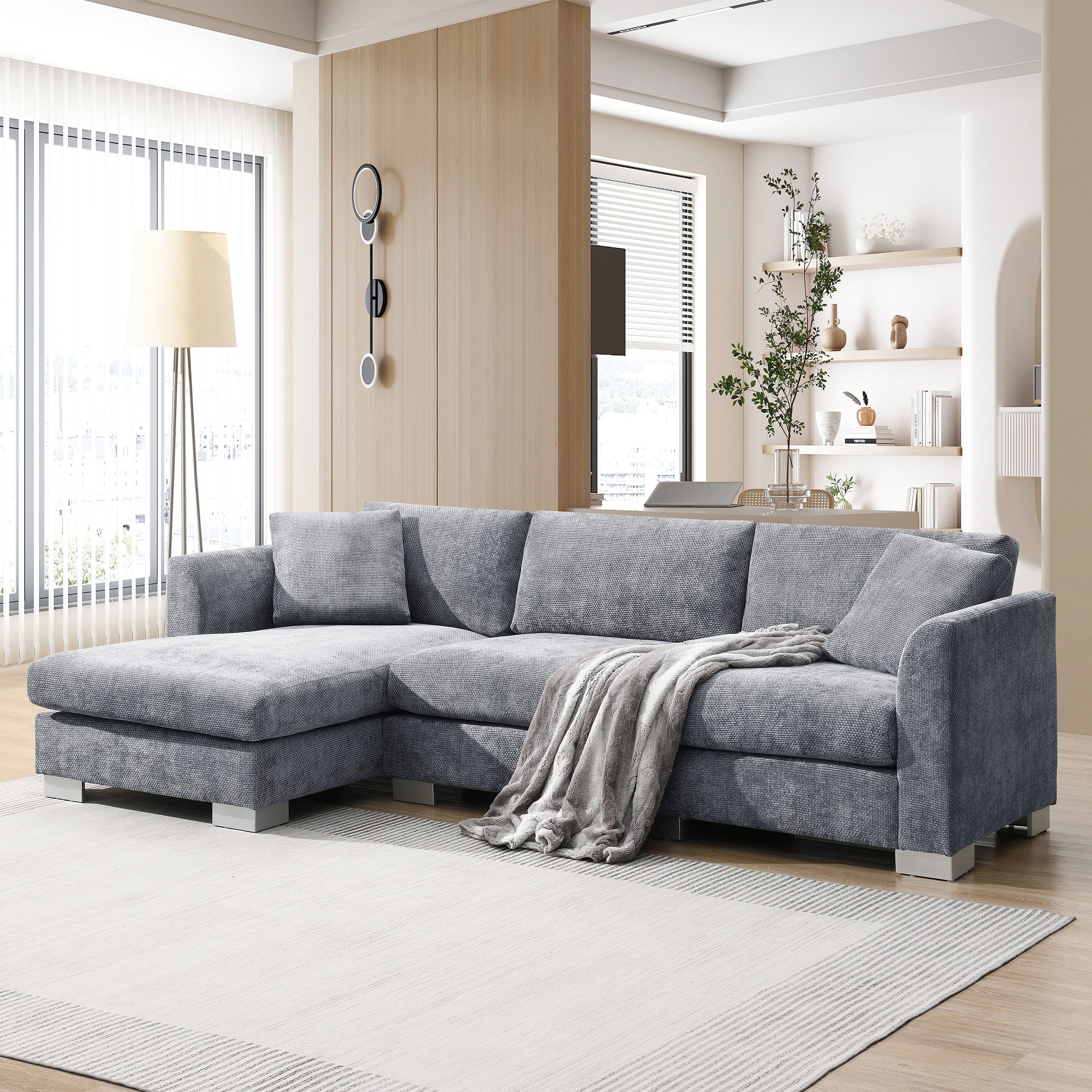 Cloud Ecksofa, L-förmige Luxus-Couchgarnitur mit 2 kostenlosen Kissen, 4-Sitzer Chenille-Innenmöbel mit übergroßer Chaiselongue