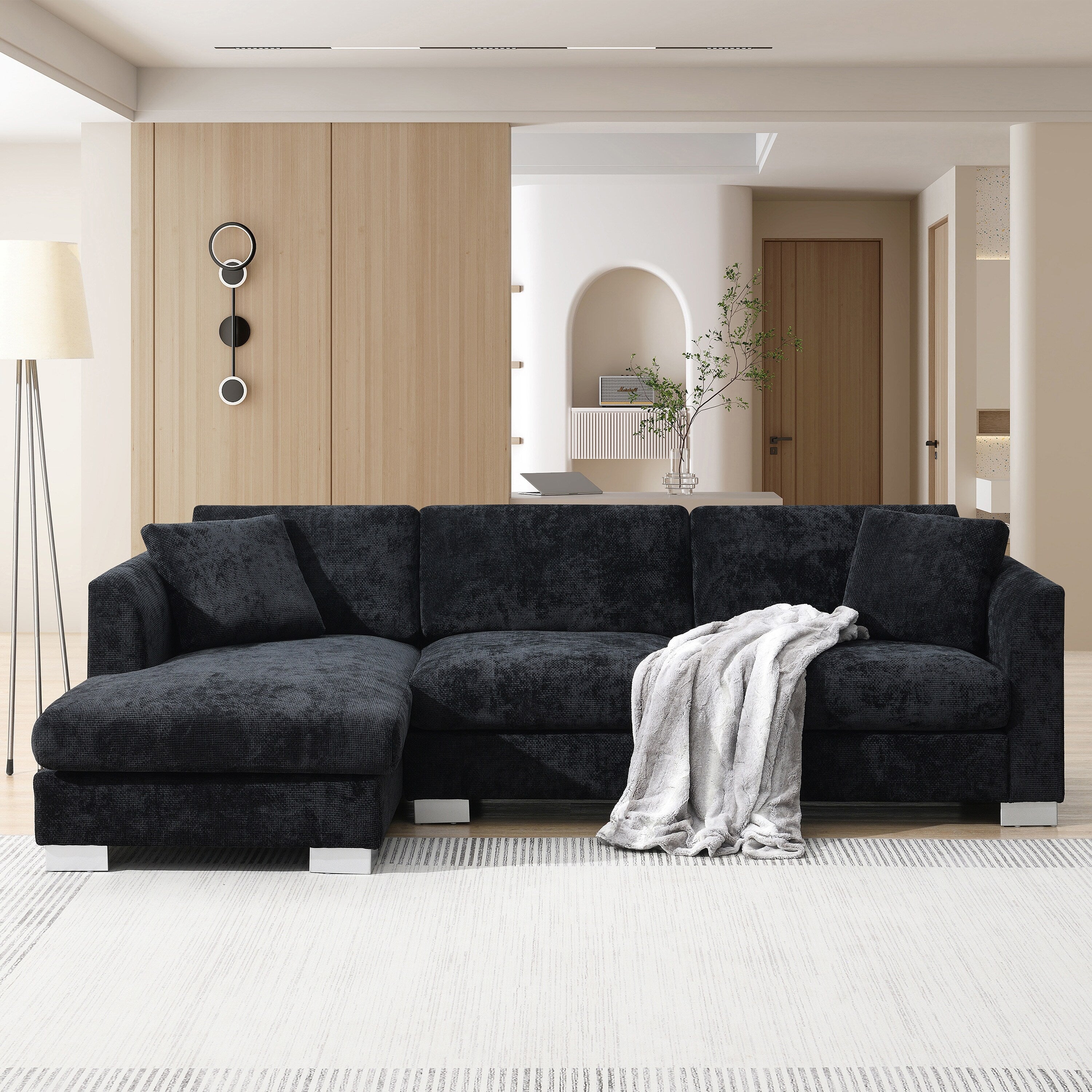 Cloud Ecksofa, L-förmige Luxus-Couchgarnitur mit 2 kostenlosen Kissen, 4-Sitzer Chenille-Innenmöbel mit übergroßer Chaiselongue