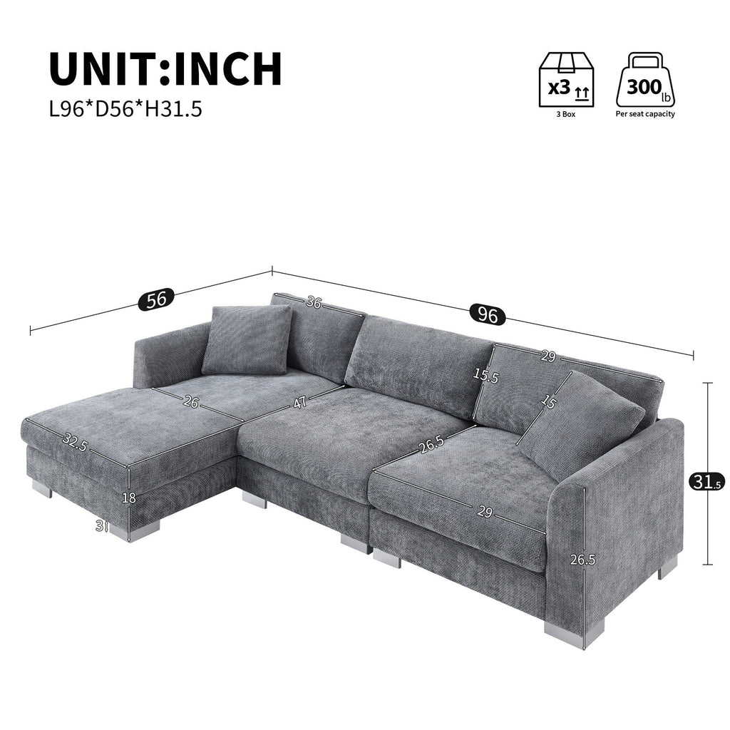 Cloud Ecksofa, L-förmige Luxus-Couchgarnitur mit 2 kostenlosen Kissen, 4-Sitzer Chenille-Innenmöbel mit übergroßer Chaiselongue
