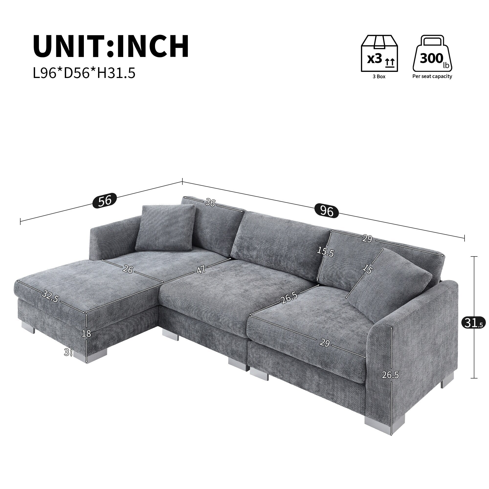 Cloud Ecksofa, L-förmige Luxus-Couchgarnitur mit 2 kostenlosen Kissen, 4-Sitzer Chenille-Innenmöbel mit übergroßer Chaiselongue