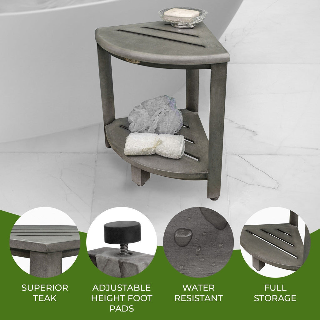 CoastalVogue, Eckduschablage aus Teakholz, Duschhocker zum Beine rasieren, Duschfußhocker, Eckduschhocker aus Teakholz