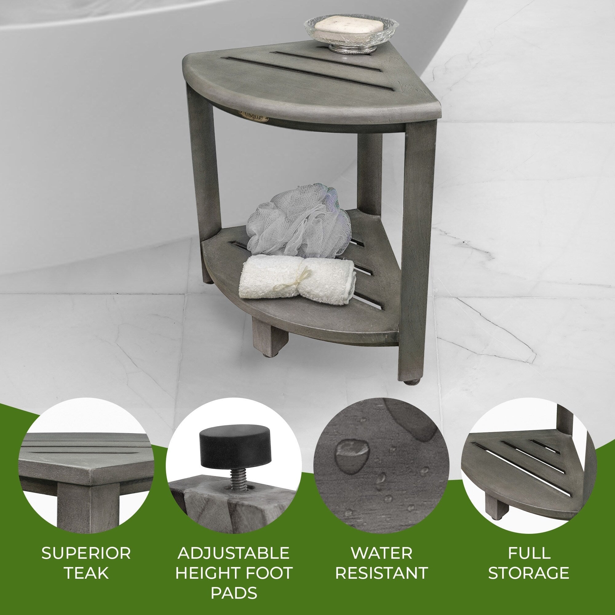 CoastalVogue, Eckduschablage aus Teakholz, Duschhocker zum Beine rasieren, Duschfußhocker, Eckduschhocker aus Teakholz