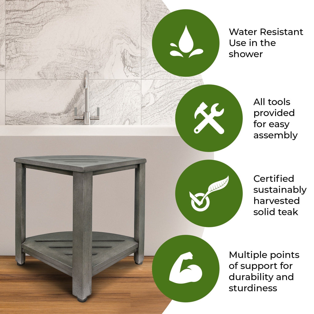 CoastalVogue, Eckduschablage aus Teakholz, Duschhocker zum Beine rasieren, Duschfußhocker, Eckduschhocker aus Teakholz