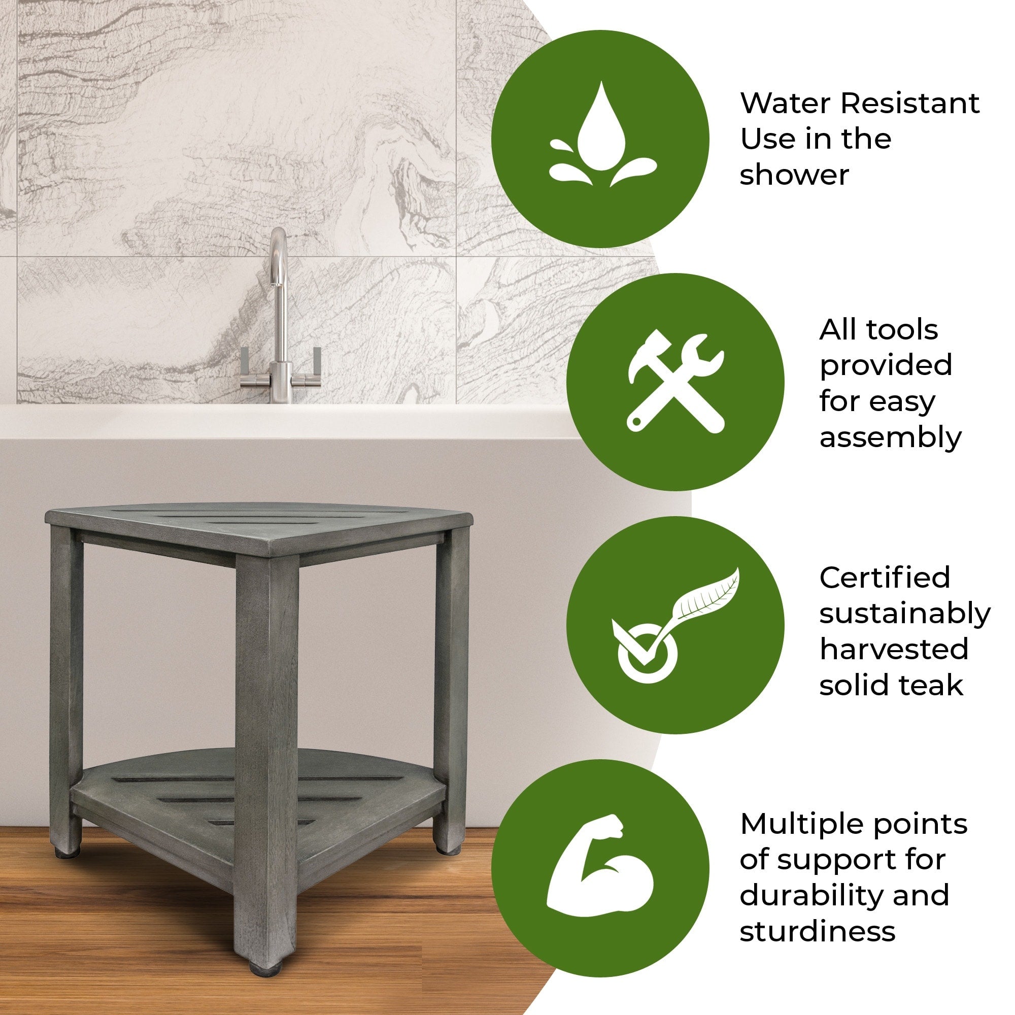 CoastalVogue, Eckduschablage aus Teakholz, Duschhocker zum Beine rasieren, Duschfußhocker, Eckduschhocker aus Teakholz