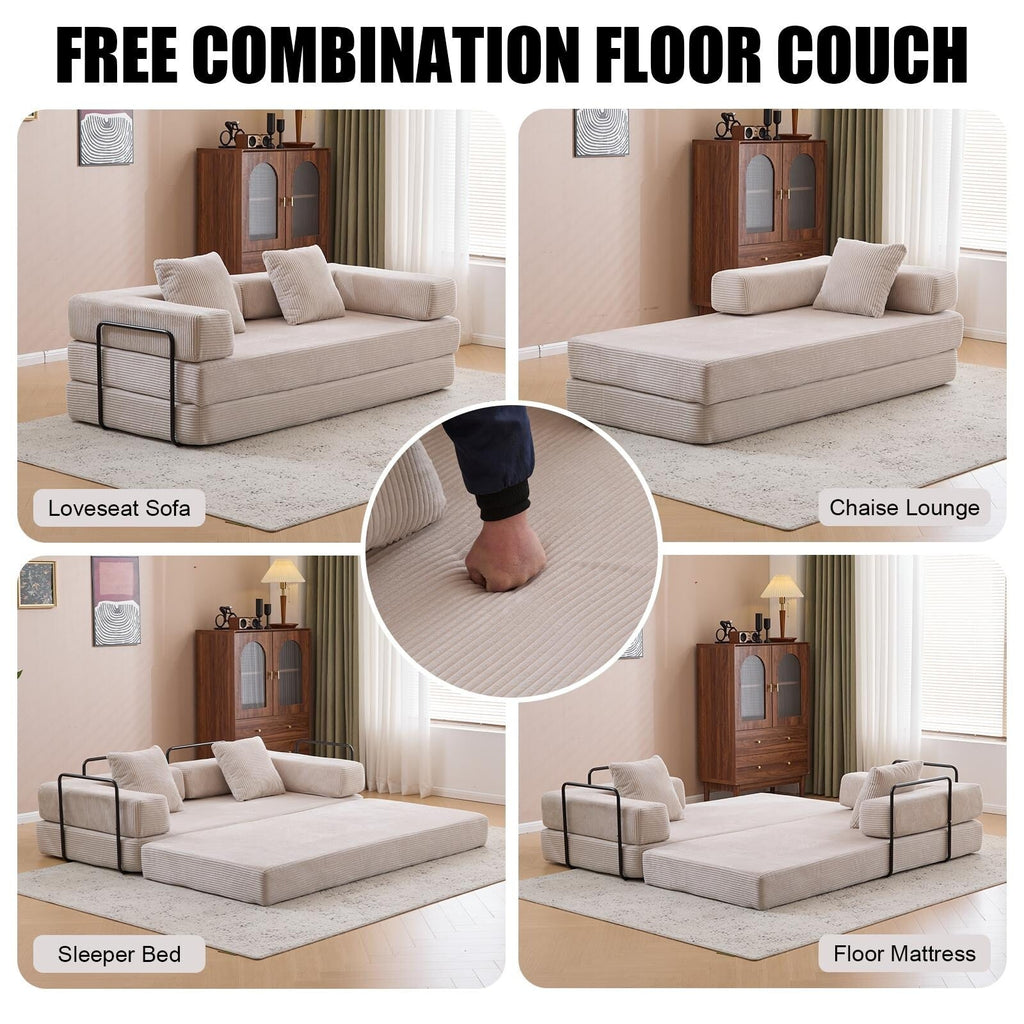 Ausziehbares Bodenschlafsofa mit Kissenrückenlehne, bezogen mit Chenille-Stoff, für Wohnzimmer und Schlafzimmer