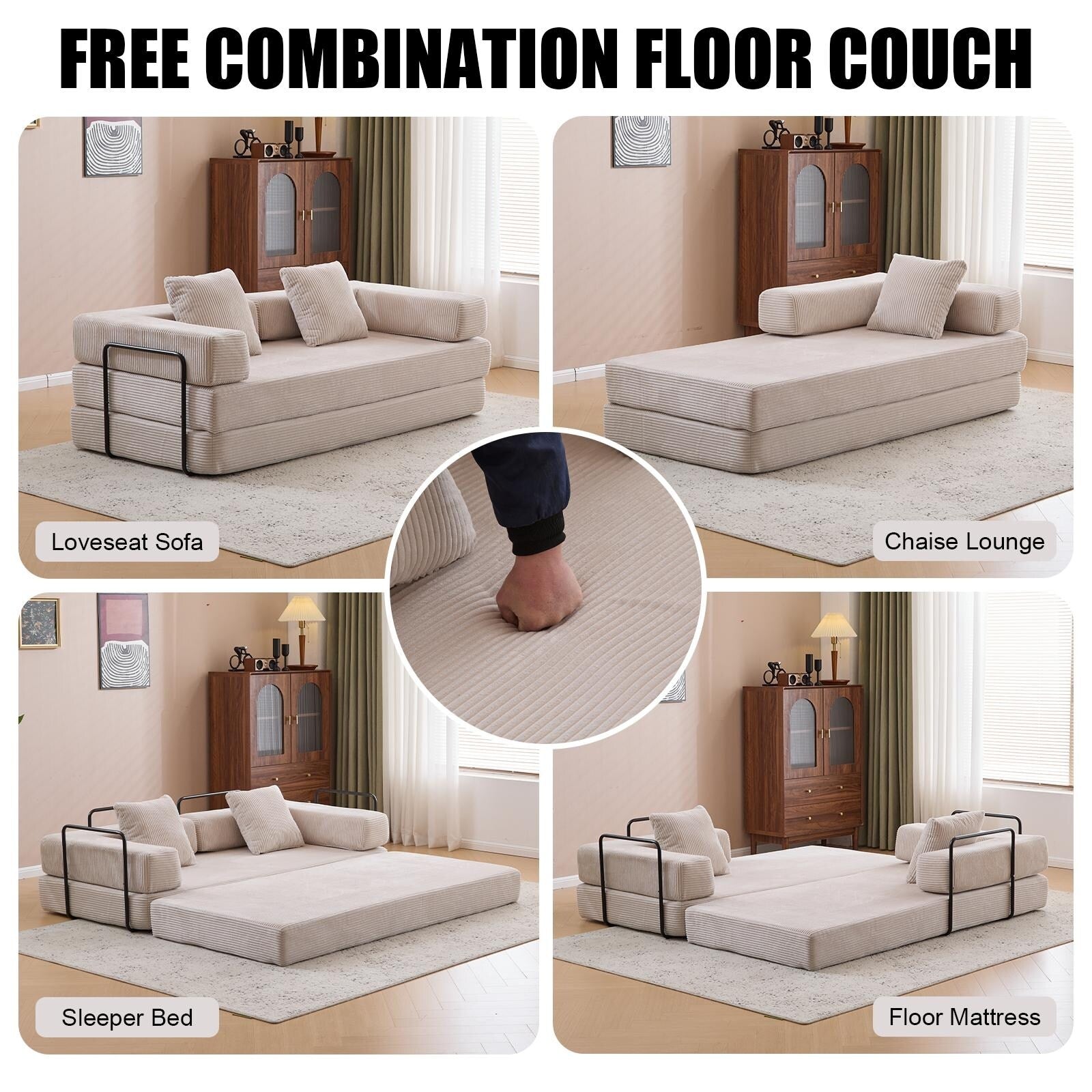 Ausziehbares Bodenschlafsofa mit Kissenrückenlehne, bezogen mit Chenille-Stoff, für Wohnzimmer und Schlafzimmer