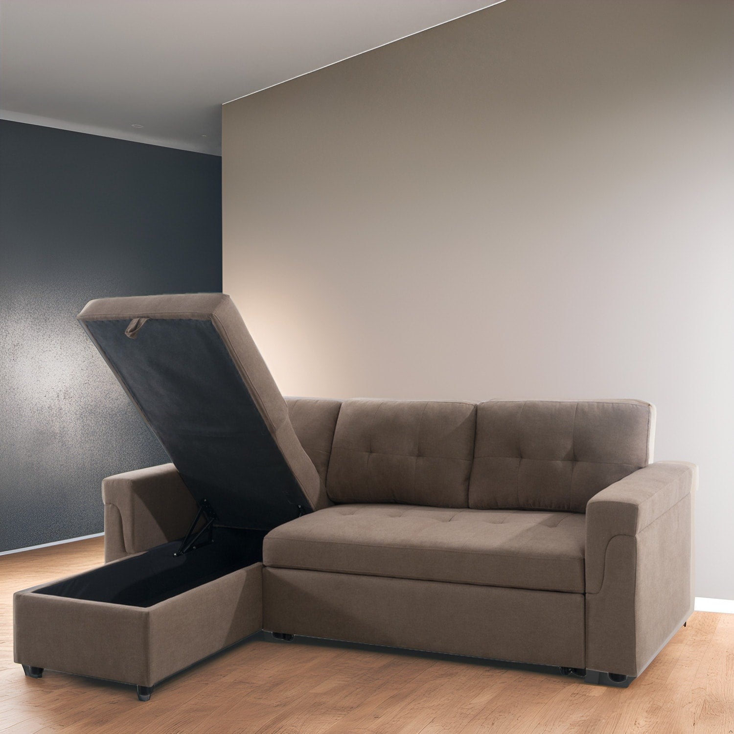 Wendbares Ecksofa mit ausziehbarem Schlafsofa, versteckter Stauraum-Chaiselongue und robusten Beinen