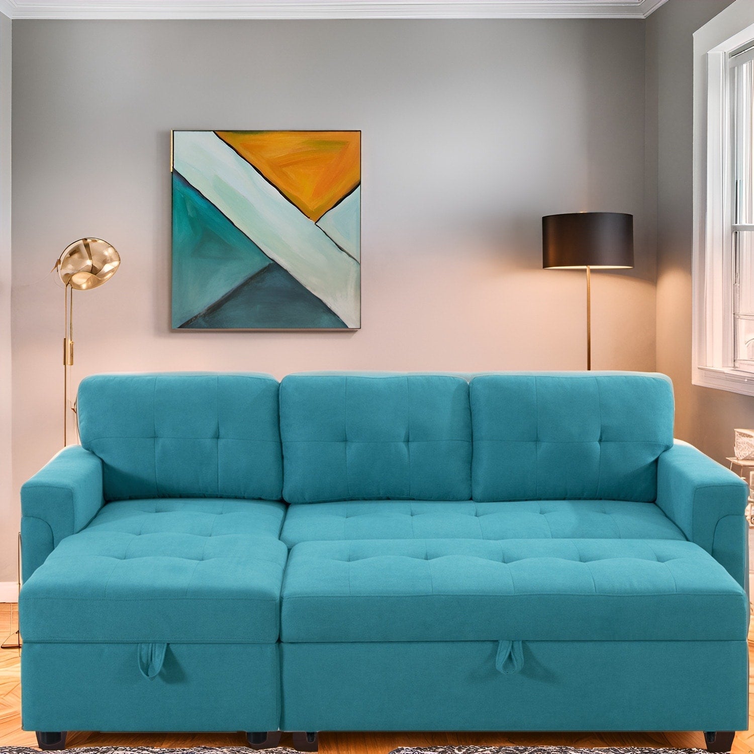 Wendbares Ecksofa mit ausziehbarem Schlafsofa, versteckter Stauraum-Chaiselongue und robusten Beinen