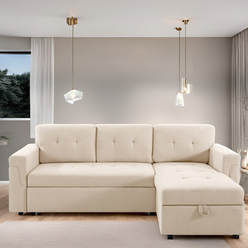 Wendbares Ecksofa mit ausziehbarem Schlafsofa, versteckter Stauraum-Chaiselongue und robusten Beinen