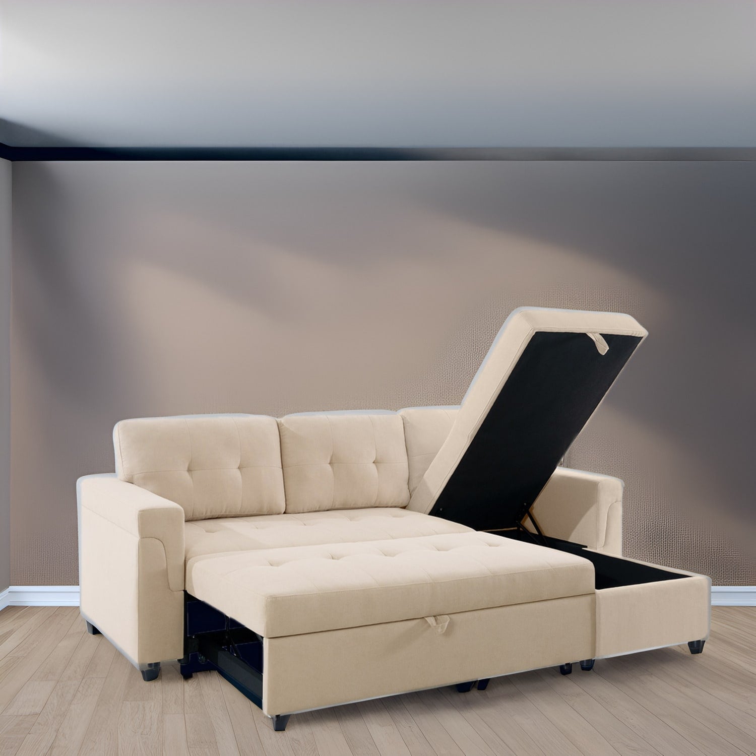 Wendbares Ecksofa mit ausziehbarem Schlafsofa, versteckter Stauraum-Chaiselongue und robusten Beinen