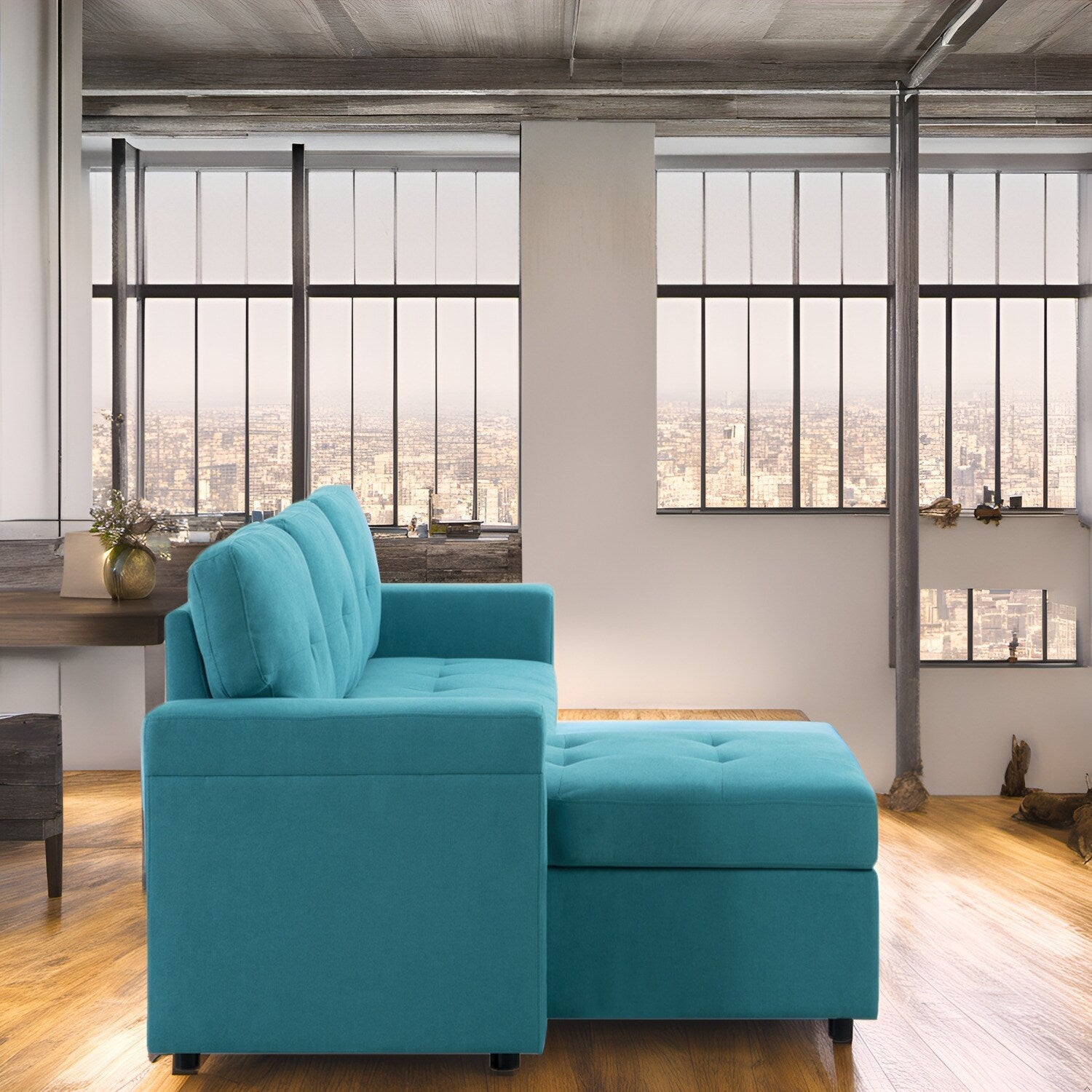 Wendbares Ecksofa mit ausziehbarem Schlafsofa, versteckter Stauraum-Chaiselongue und robusten Beinen