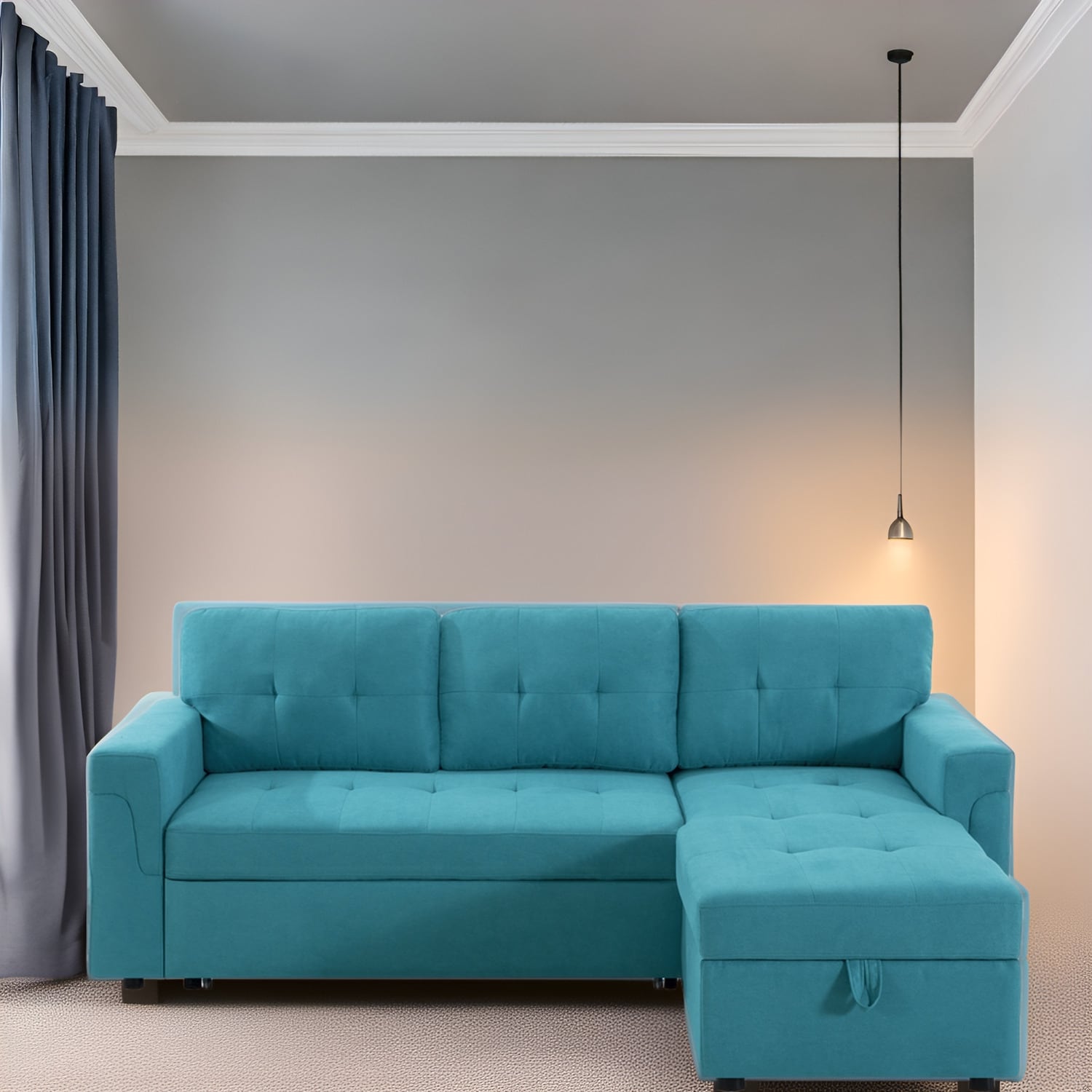 Wendbares Ecksofa mit ausziehbarem Schlafsofa, versteckter Stauraum-Chaiselongue und robusten Beinen