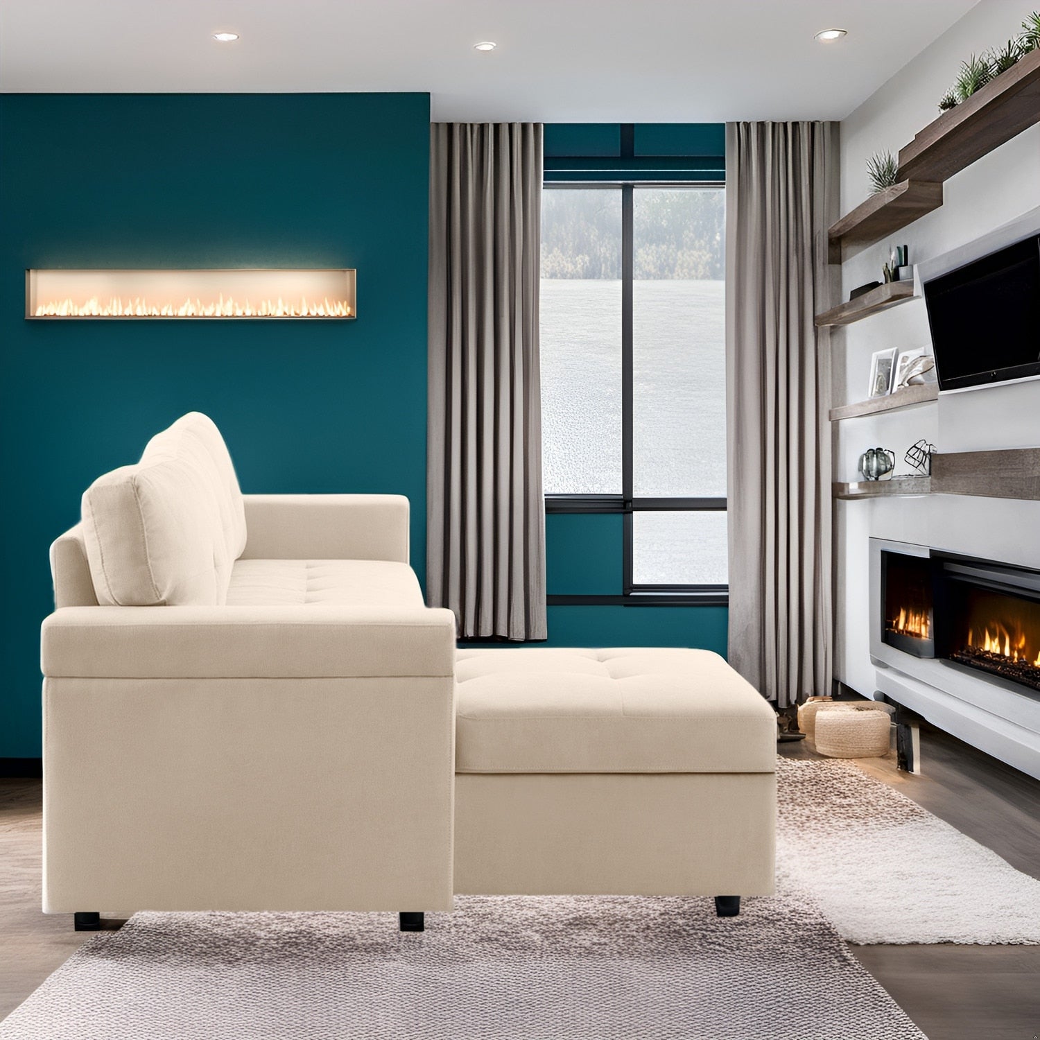 Wendbares Ecksofa mit ausziehbarem Schlafsofa, versteckter Stauraum-Chaiselongue und robusten Beinen