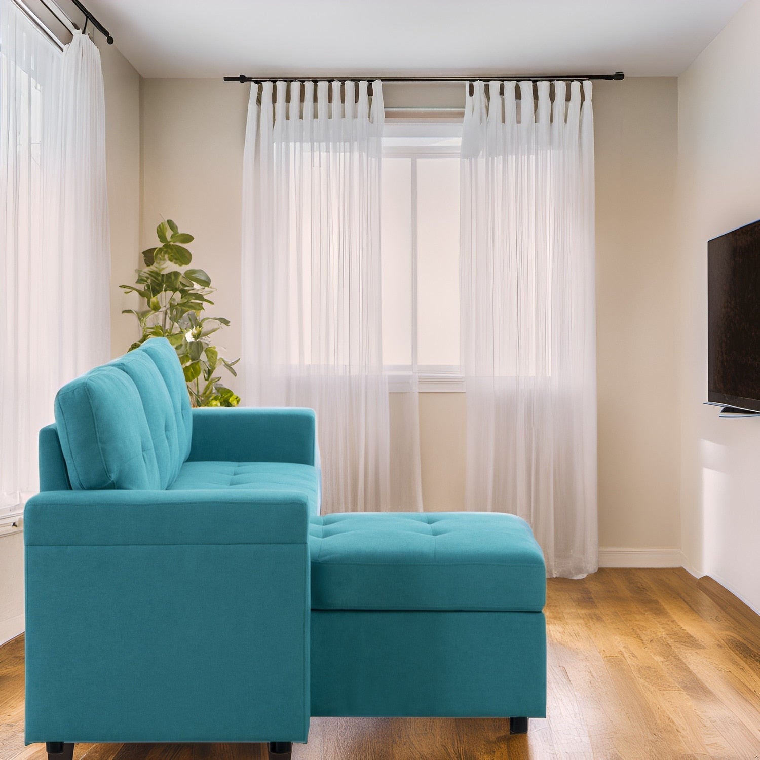 Wendbares Ecksofa mit ausziehbarem Schlafsofa, versteckter Stauraum-Chaiselongue und robusten Beinen