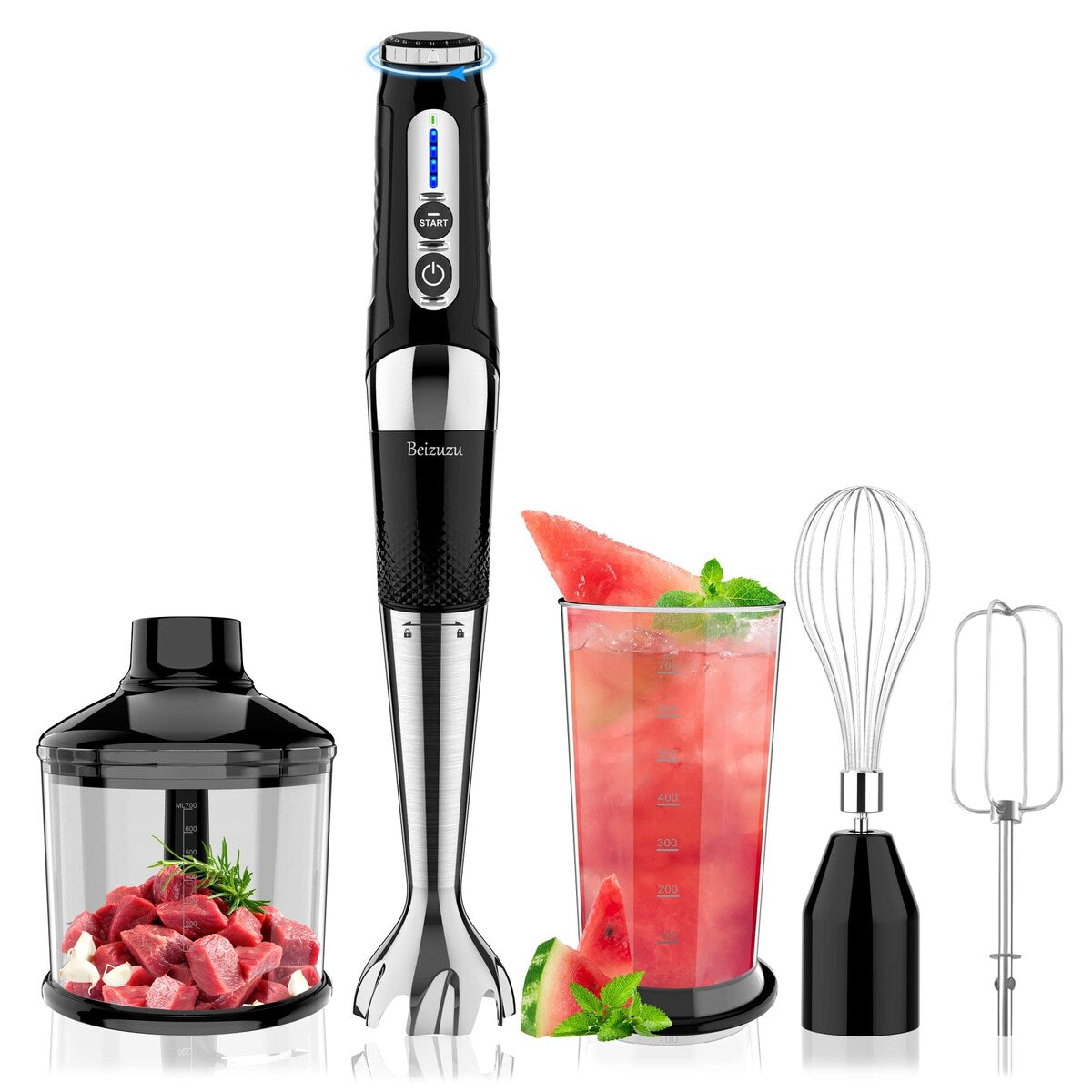 Kabelloser Stabmixer: 4-in-1-Stabmixer mit USB-Ladefunktion, 21 Geschwindigkeitsstufen, 3-fach verstellbarem Aufsatz und 700-ml-Zerkleinerer.