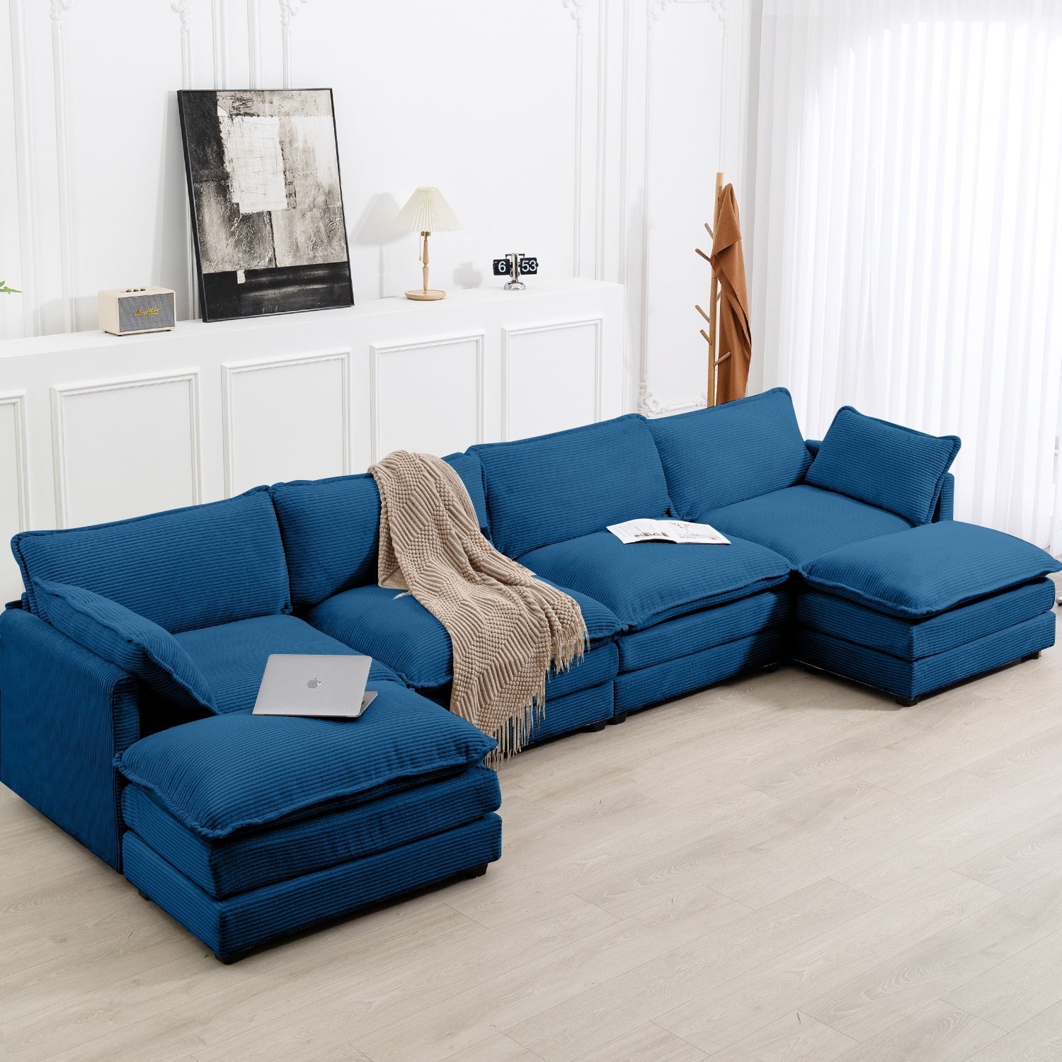 Ecksofa aus Cord mit abnehmbaren Hockern und ultraweichen Kissen für Wohn- und Schlafzimmer