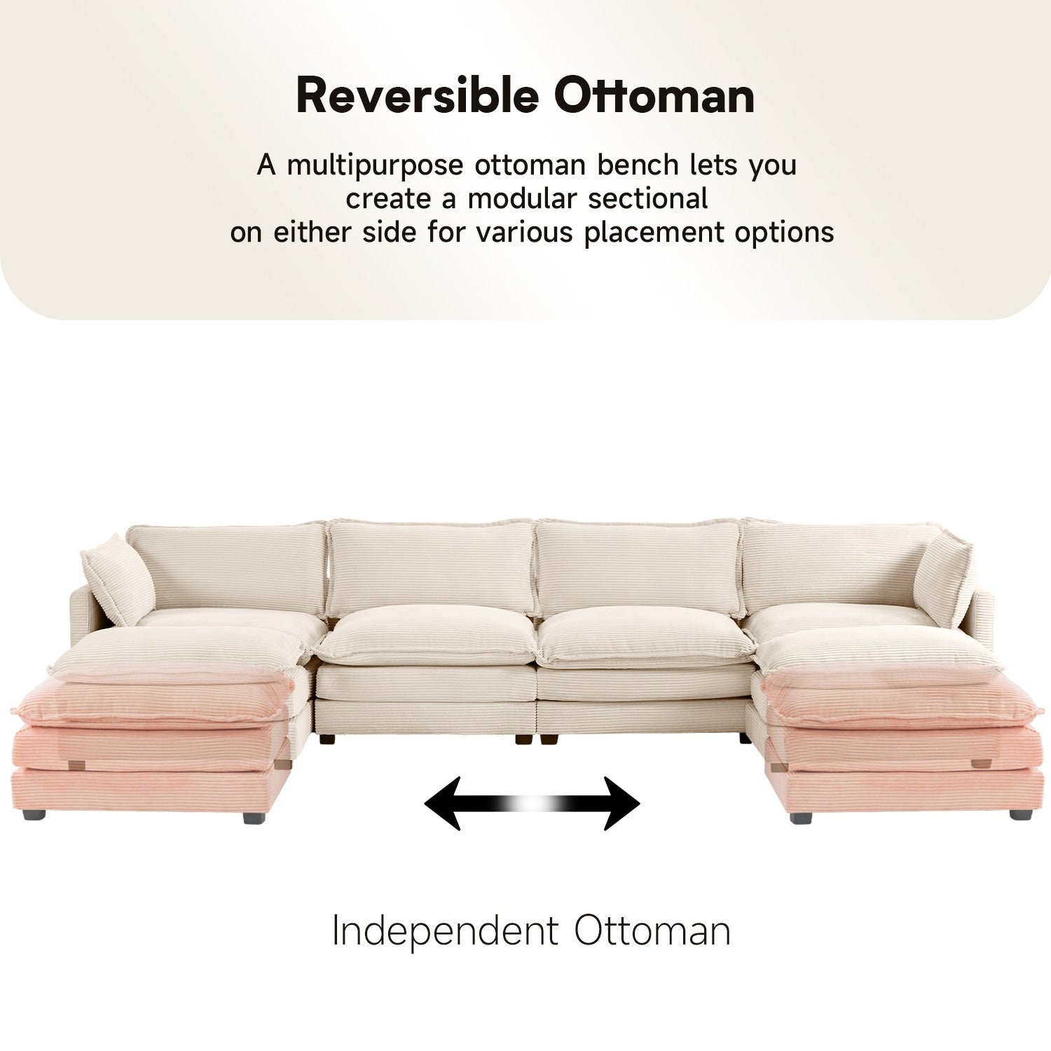 Ecksofa aus Cord mit abnehmbaren Hockern und ultraweichen Kissen für Wohn- und Schlafzimmer